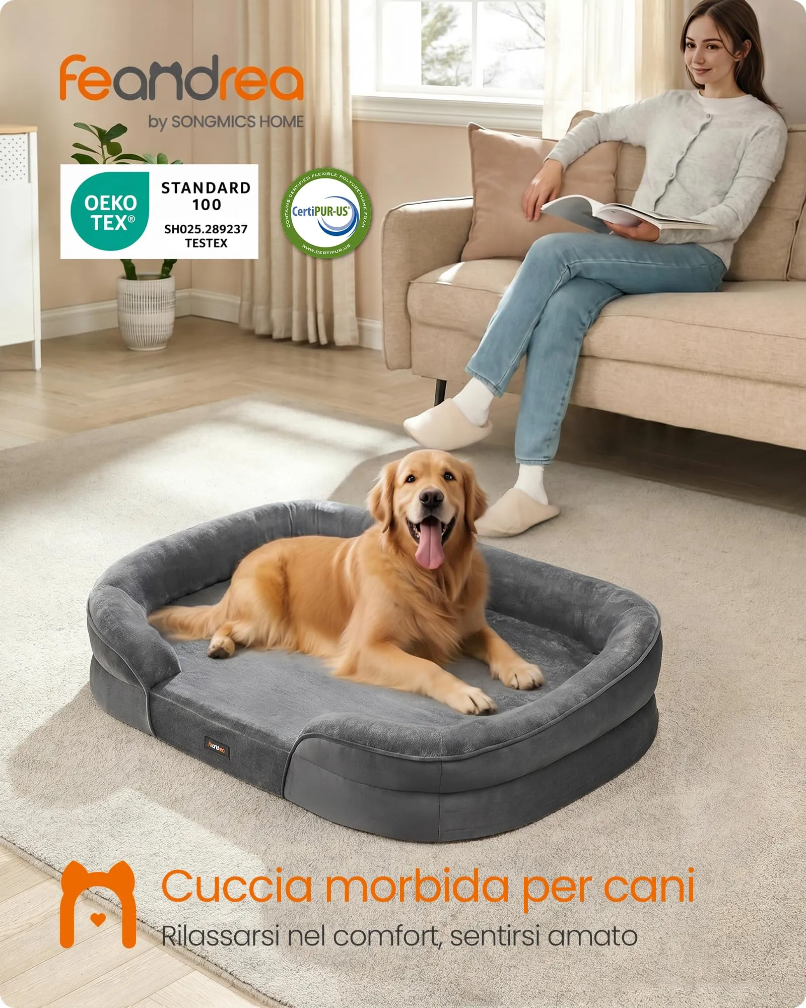 Feandrea Cuccia Ortopedica per Cani di Taglia Grande, 106 x 76 x 18 cm, Grigio Piombo - immagine 2