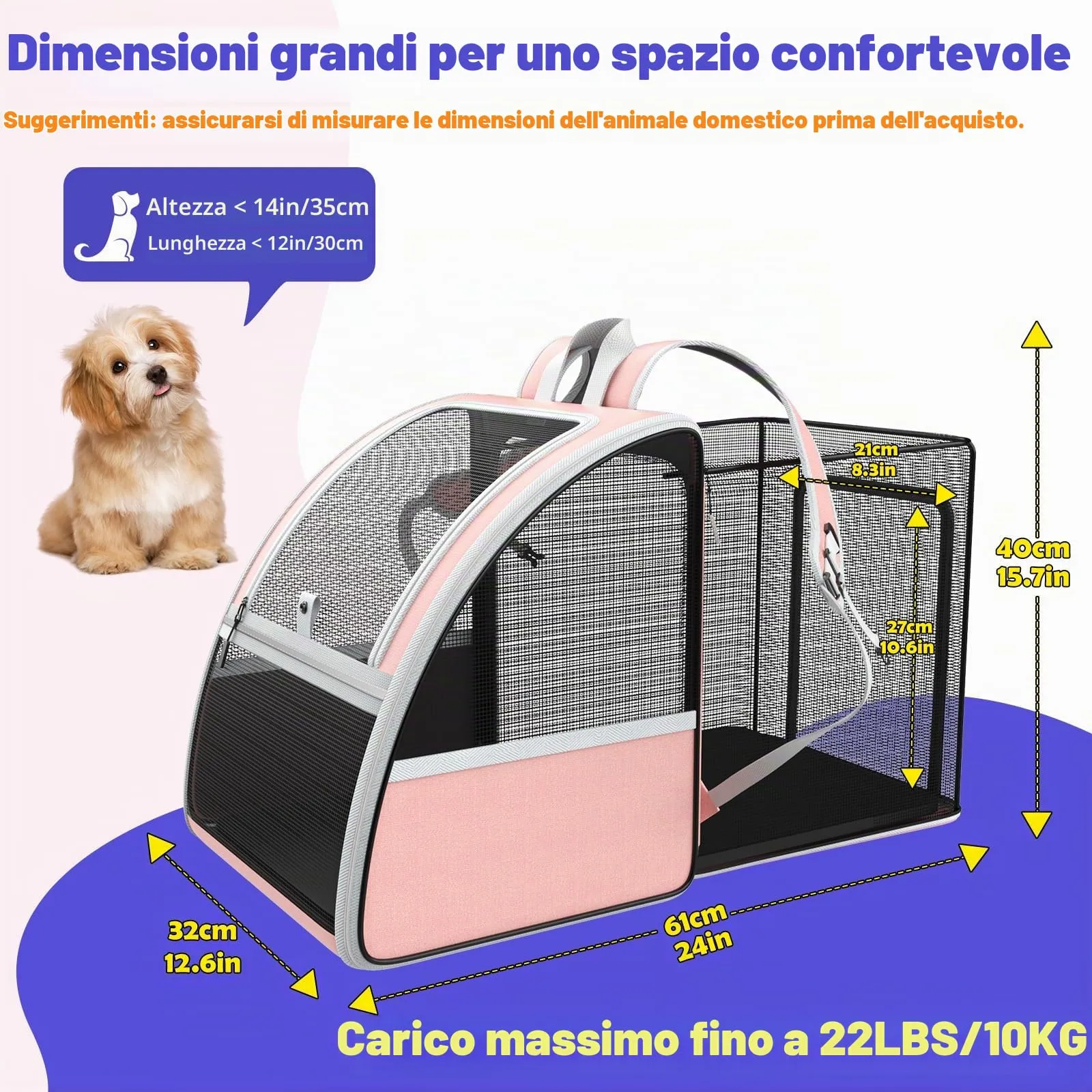 Pawaboo Zaino per Cani e Gatti Estensibile, 10 kg, Traspirante, Rosa Chiaro - immagine 3