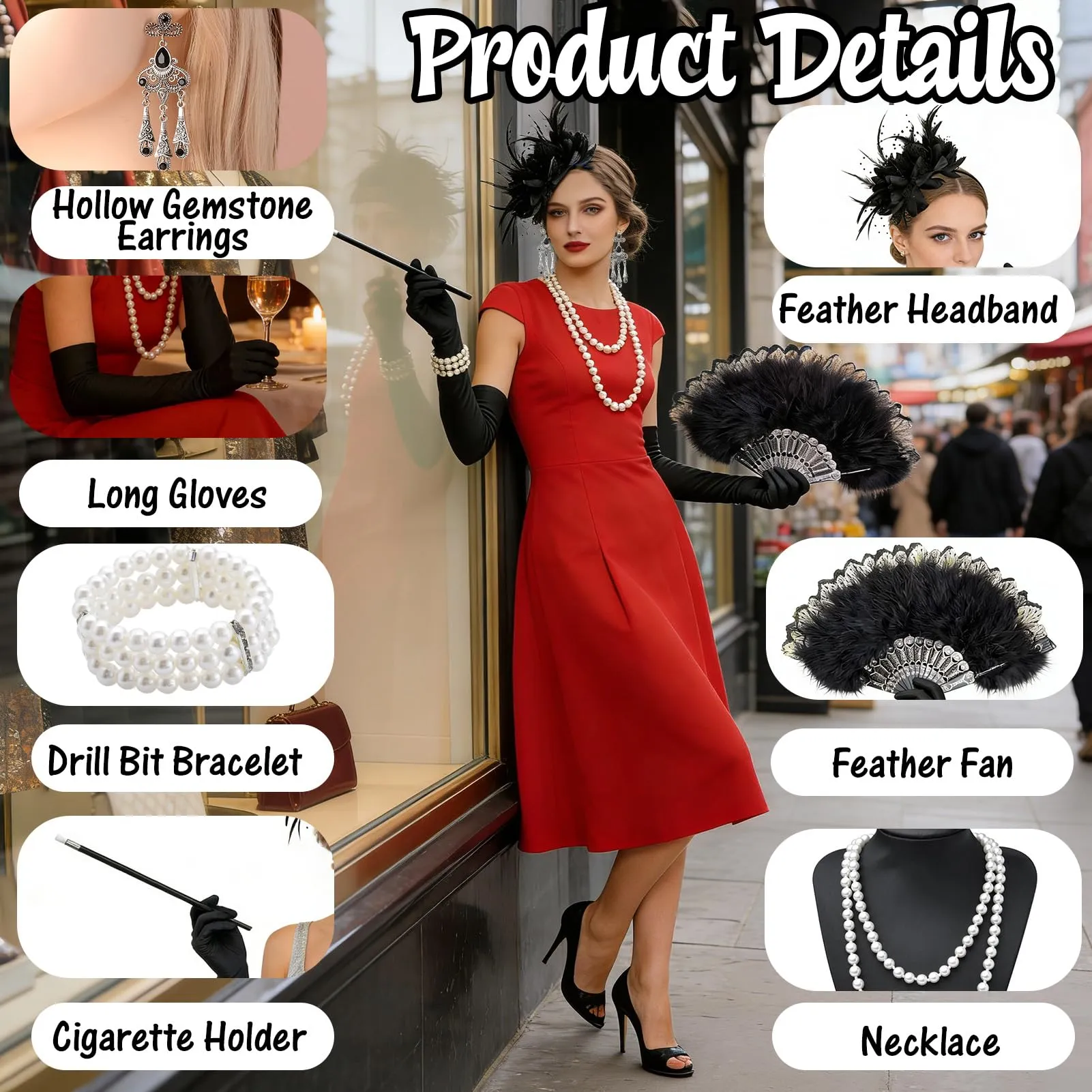 Ourdort Set 7 Accessori Anni '20 Donna per Carnevale - immagine 3