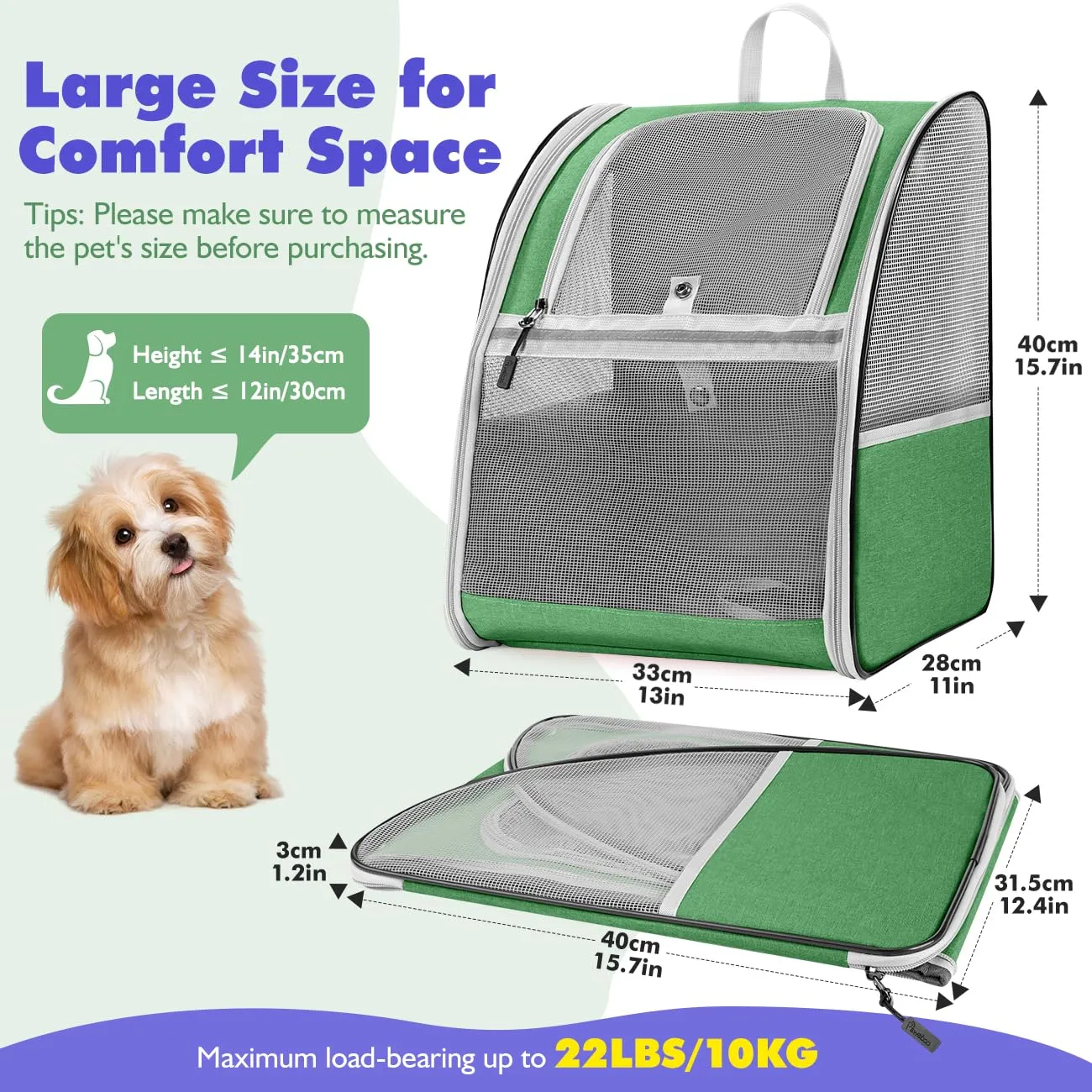 Pawaboo Zaino per Cani e Gatti, fino a 10 kg, Traspirante, Verde Scuro - immagine 2