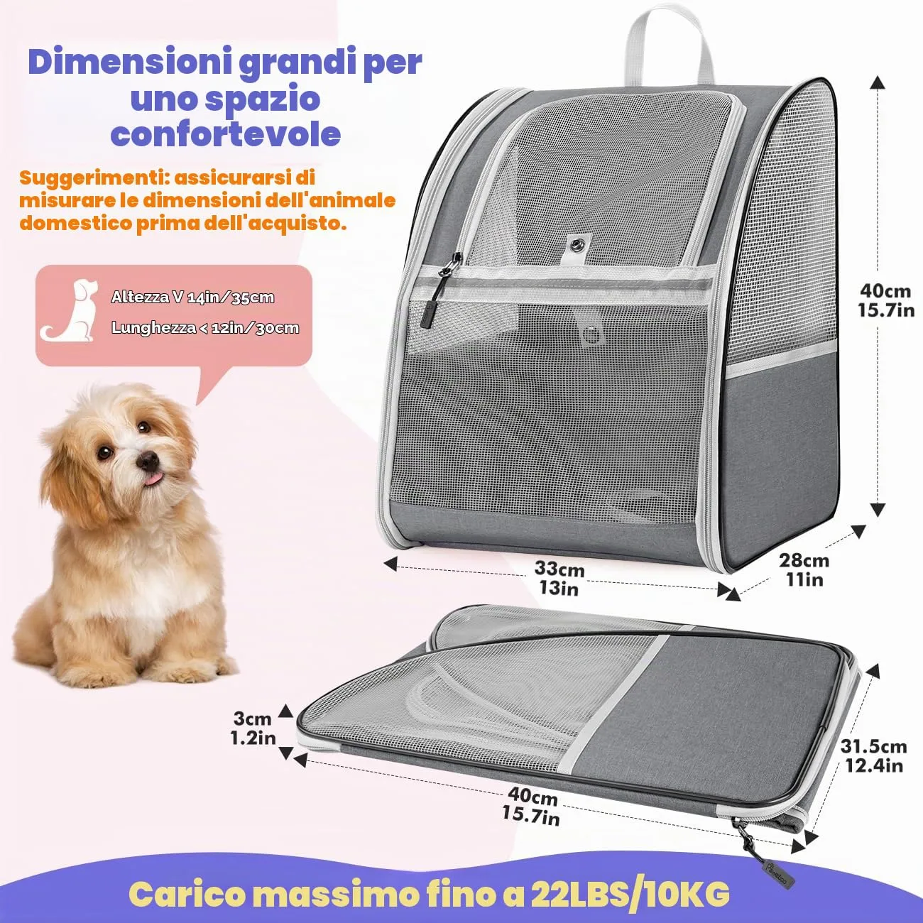 Pawaboo Zaino per Cani e Gatti, fino a 10 kg, Traspirante, Grigio Scuro - immagine 2