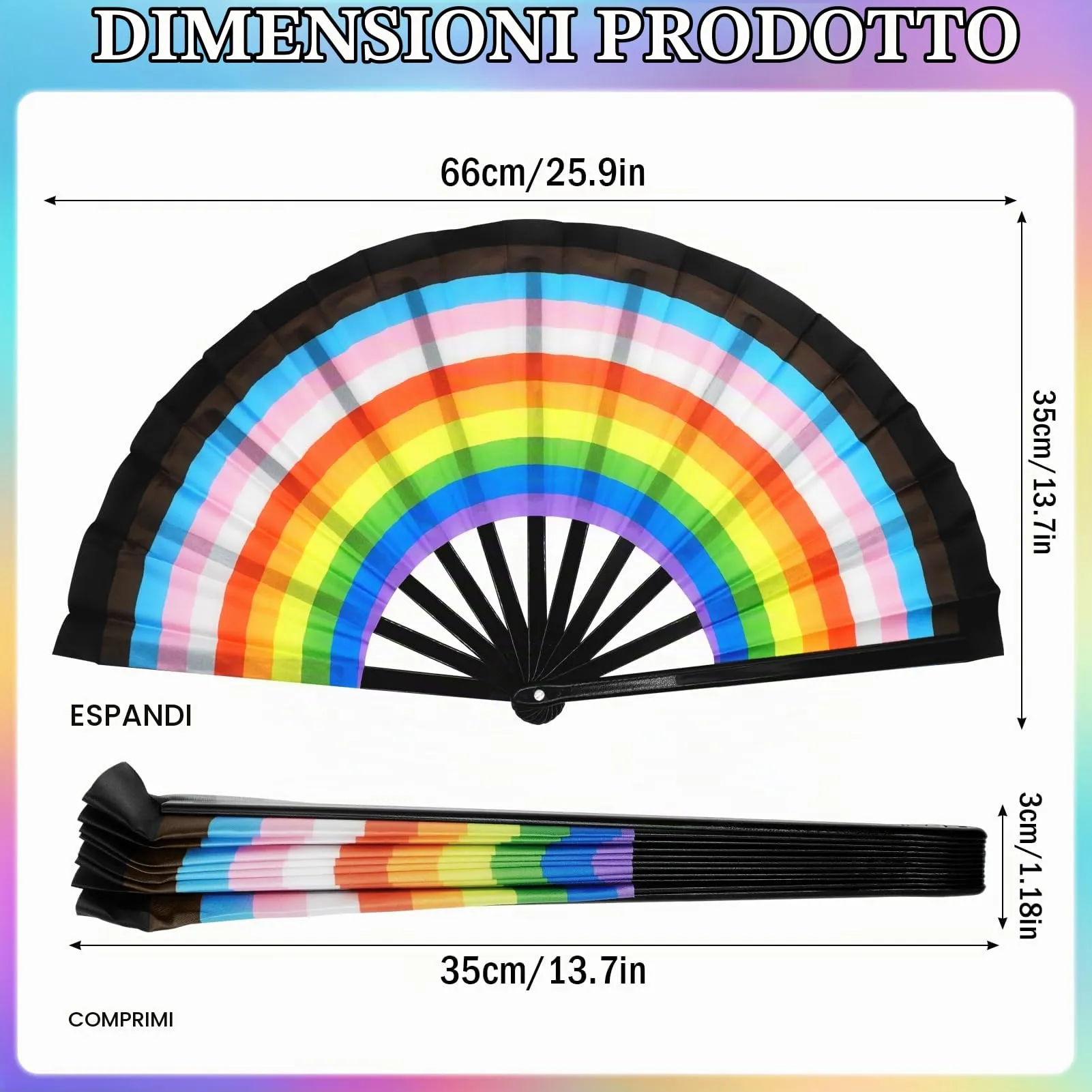 Ourdort Ventaglio a Mano Pieghevole Fosforescente Arcobaleno - immagine 2