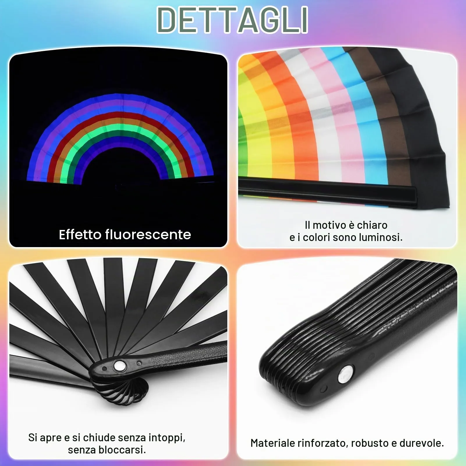 Ourdort Ventaglio a Mano Pieghevole Fosforescente Arcobaleno - immagine 3