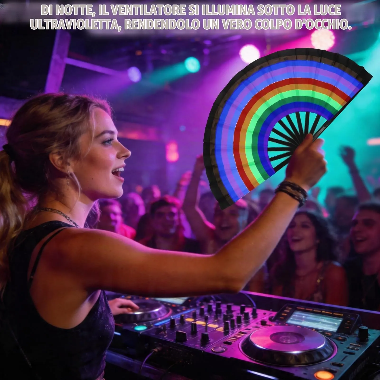 Ourdort Ventaglio a Mano Pieghevole Fosforescente Arcobaleno - immagine 5