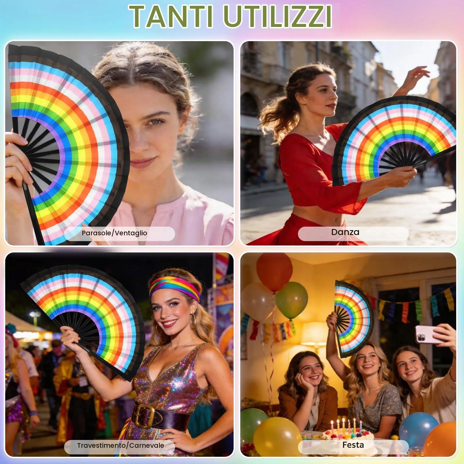 Ourdort Ventaglio a Mano Pieghevole Fosforescente Arcobaleno - immagine 6