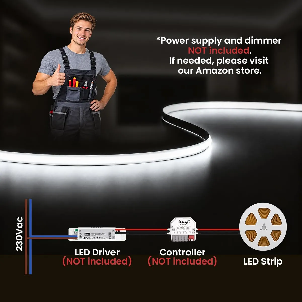 illuburg Striscia LED COB 24V Bianco Freddo 6000K 5m 400LED/m CRI90+ Dimmerabile Autoadesiva - immagine 5