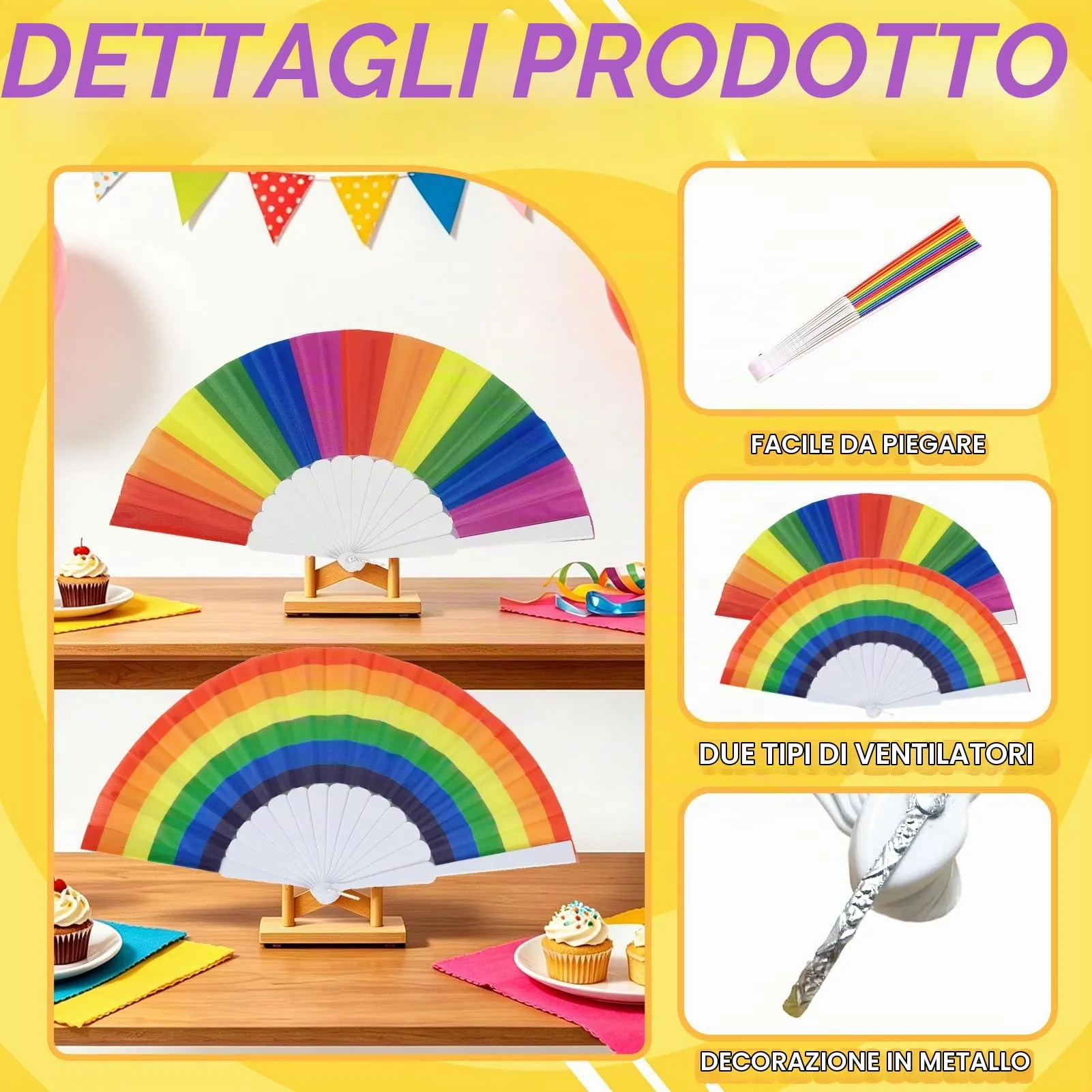 Ourdort Ventagli Arcobaleno, Ventaglio a Mano Pieghevole, 2 Pezzi - immagine 3