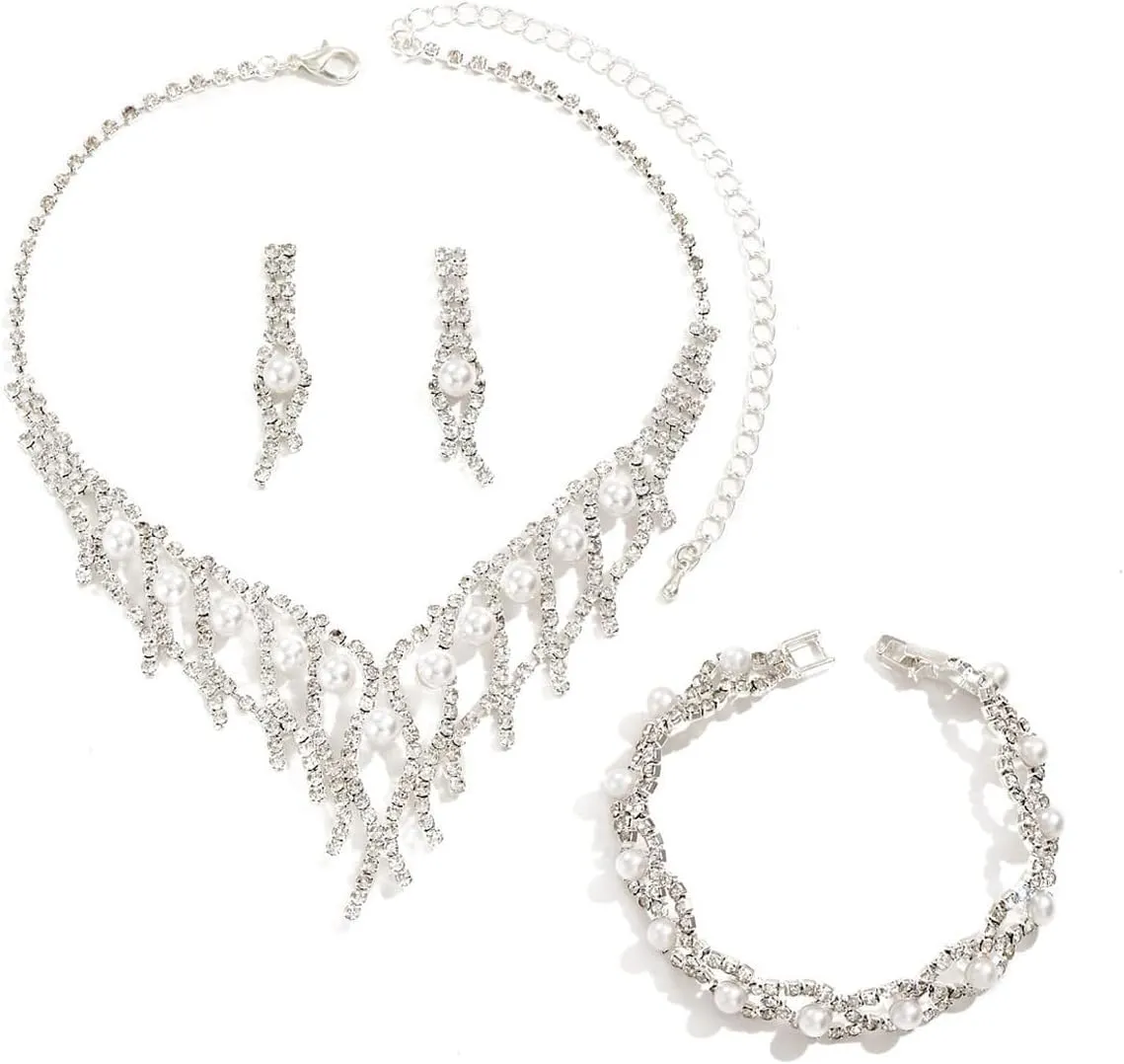 BWOOOWE Parure Gioielli Sposa Collana Tennis Bracciale Tennis e Orecchini Pendenti (Argento C) - immagine 1