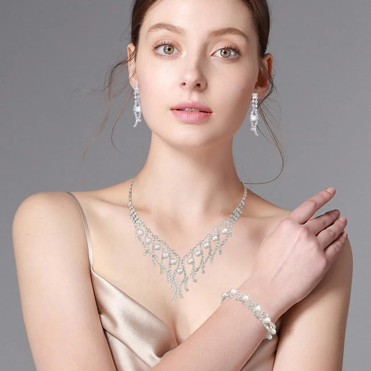 BWOOOWE Parure Gioielli Sposa Collana Tennis Bracciale Tennis e Orecchini Pendenti (Argento C) - immagine 3