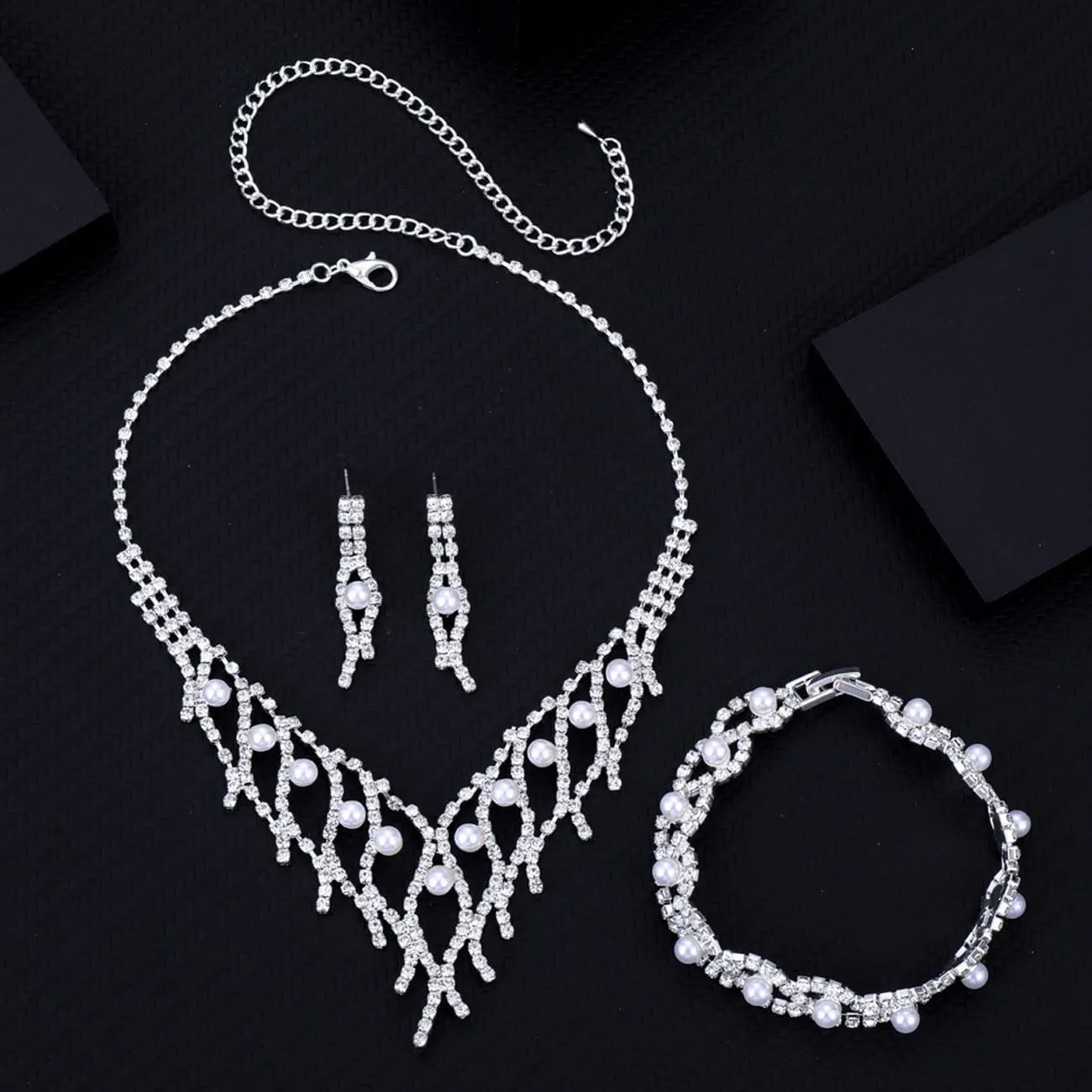 BWOOOWE Parure Gioielli Sposa Collana Tennis Bracciale Tennis e Orecchini Pendenti (Argento C) - immagine 5