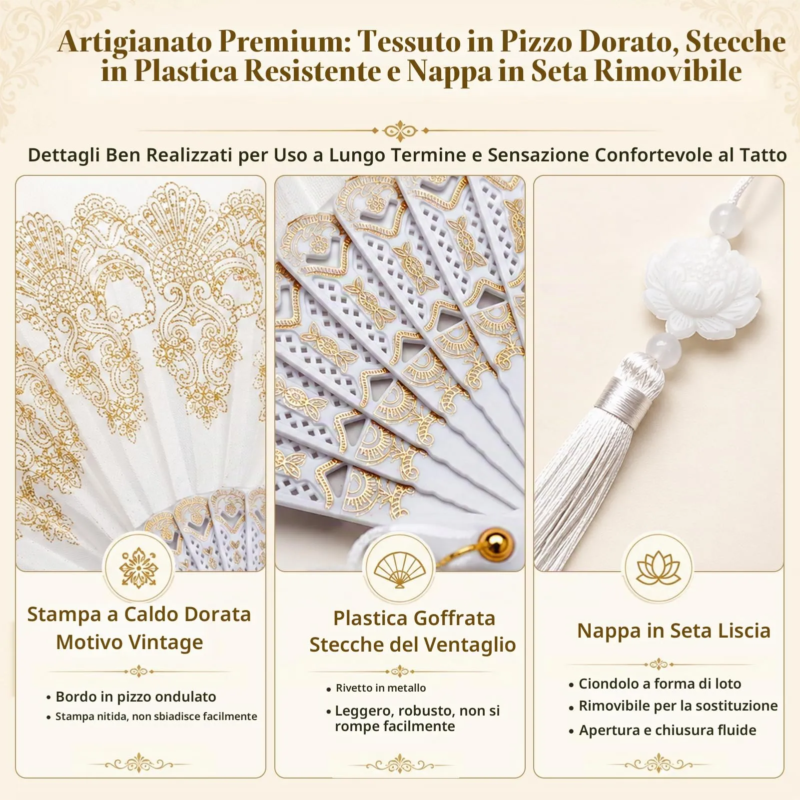Ourdort Ventagli a Mano Pieghevole Bianchi, Set da 2 Pezzi - immagine 4