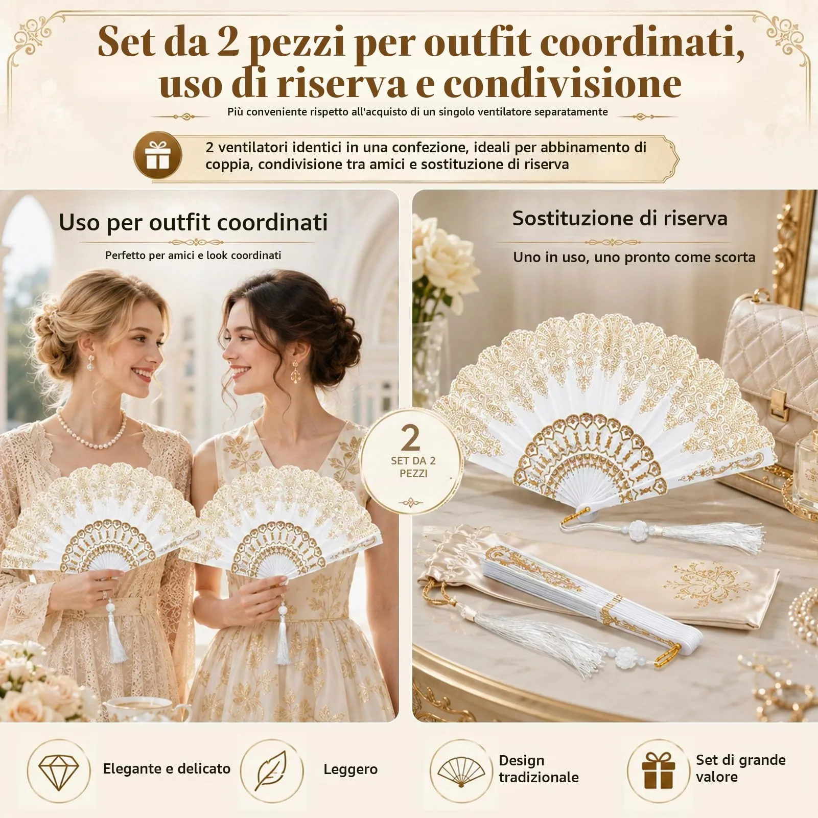 Ourdort Ventagli a Mano Pieghevole Bianchi, Set da 2 Pezzi - immagine 5