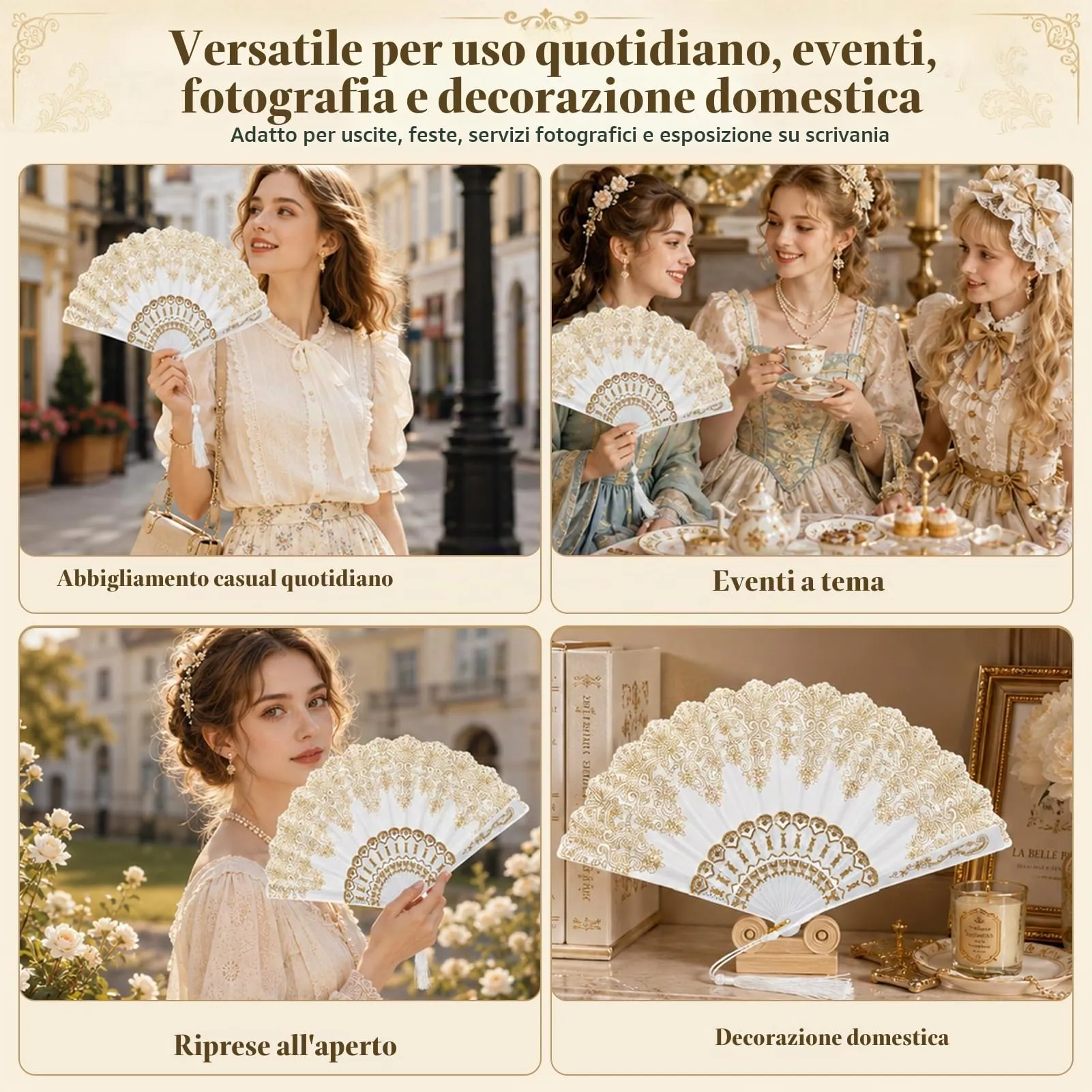 Ourdort Ventagli a Mano Pieghevole Bianchi, Set da 2 Pezzi - immagine 7
