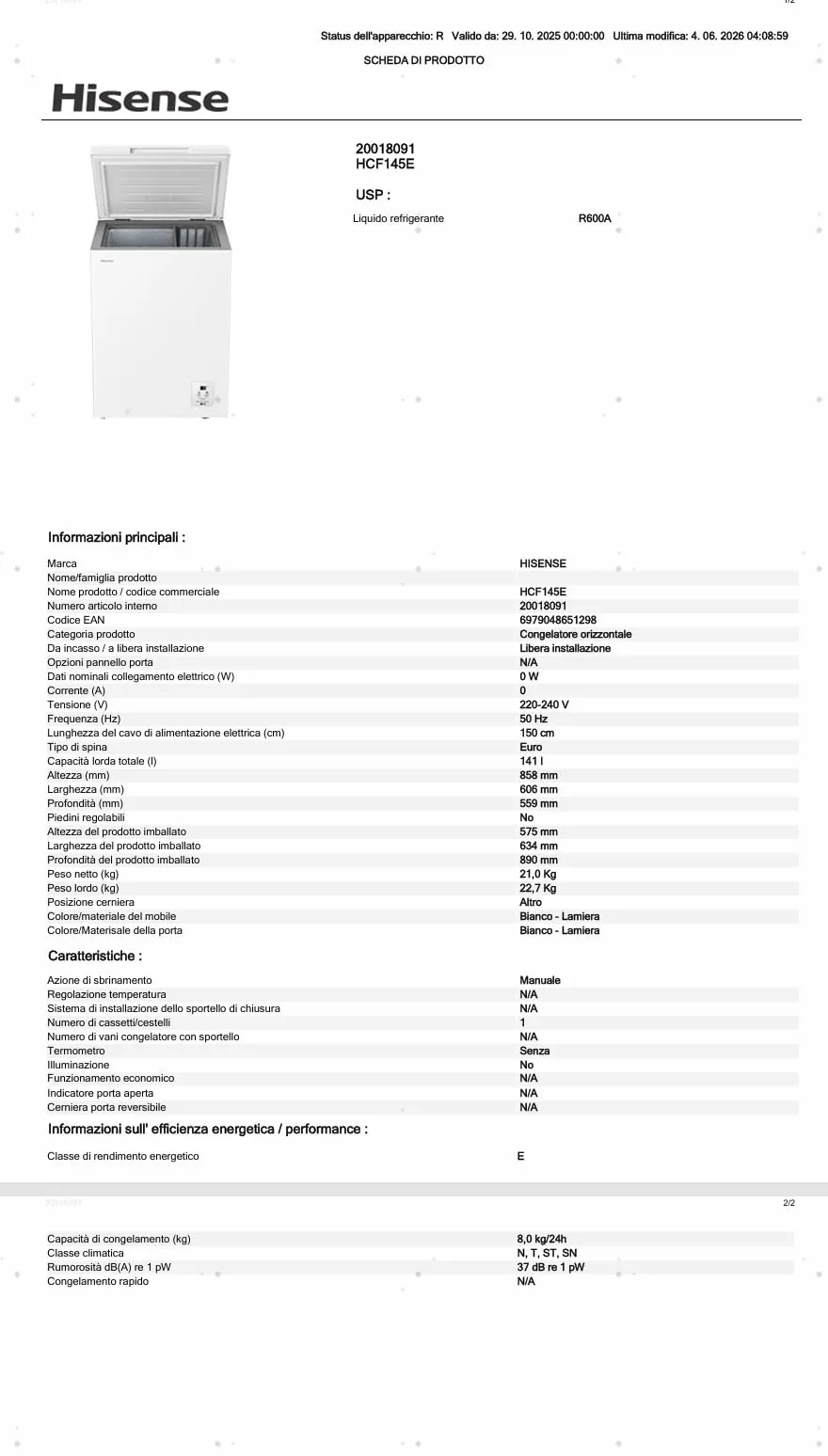 Hisense HCF145E Congelatore a Pozzo 141 Litri, Classe E, Bianco - immagine 13