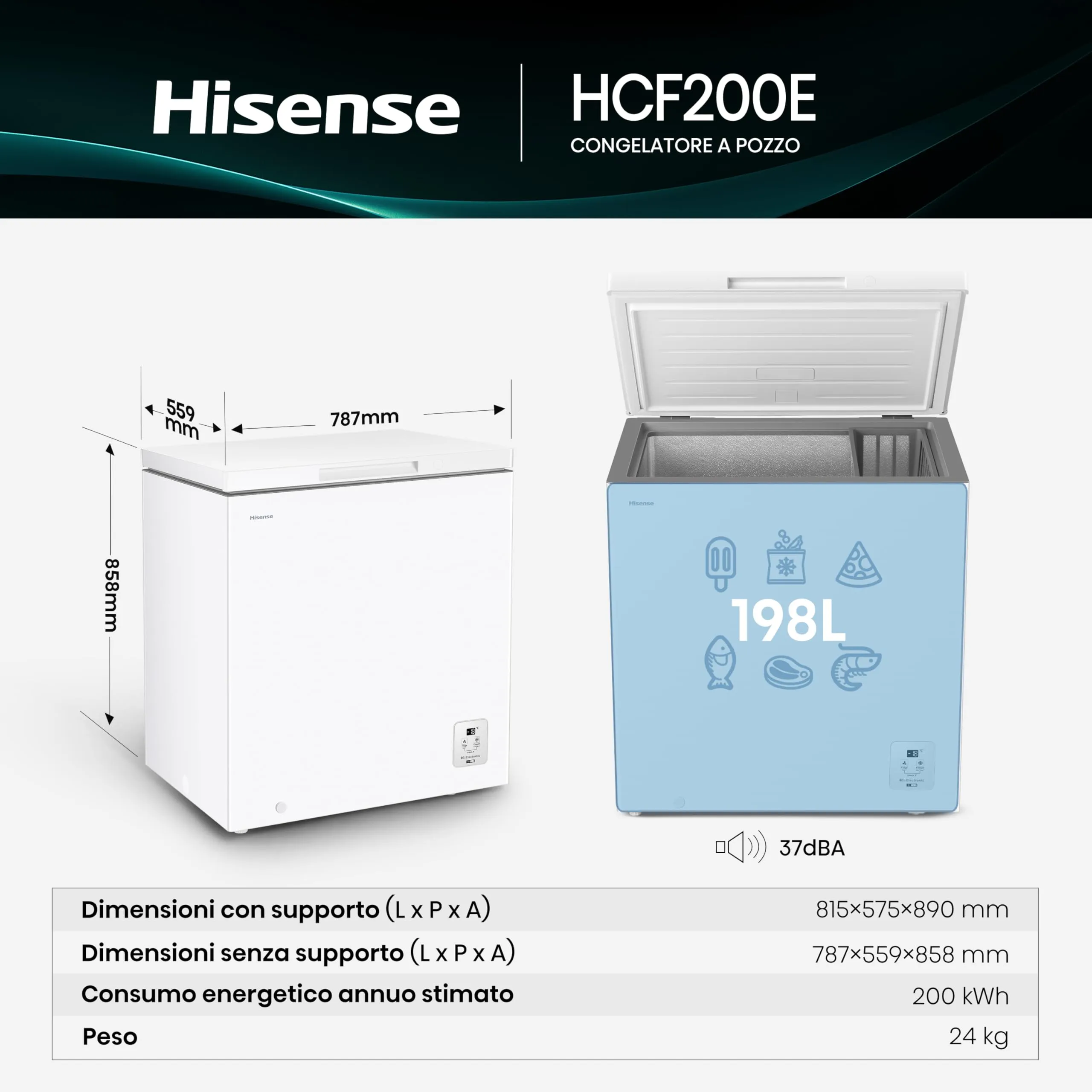 Hisense HCF200E Congelatore 198 litri, Display LED, 40 dB, Classe E, Bianco - immagine 2