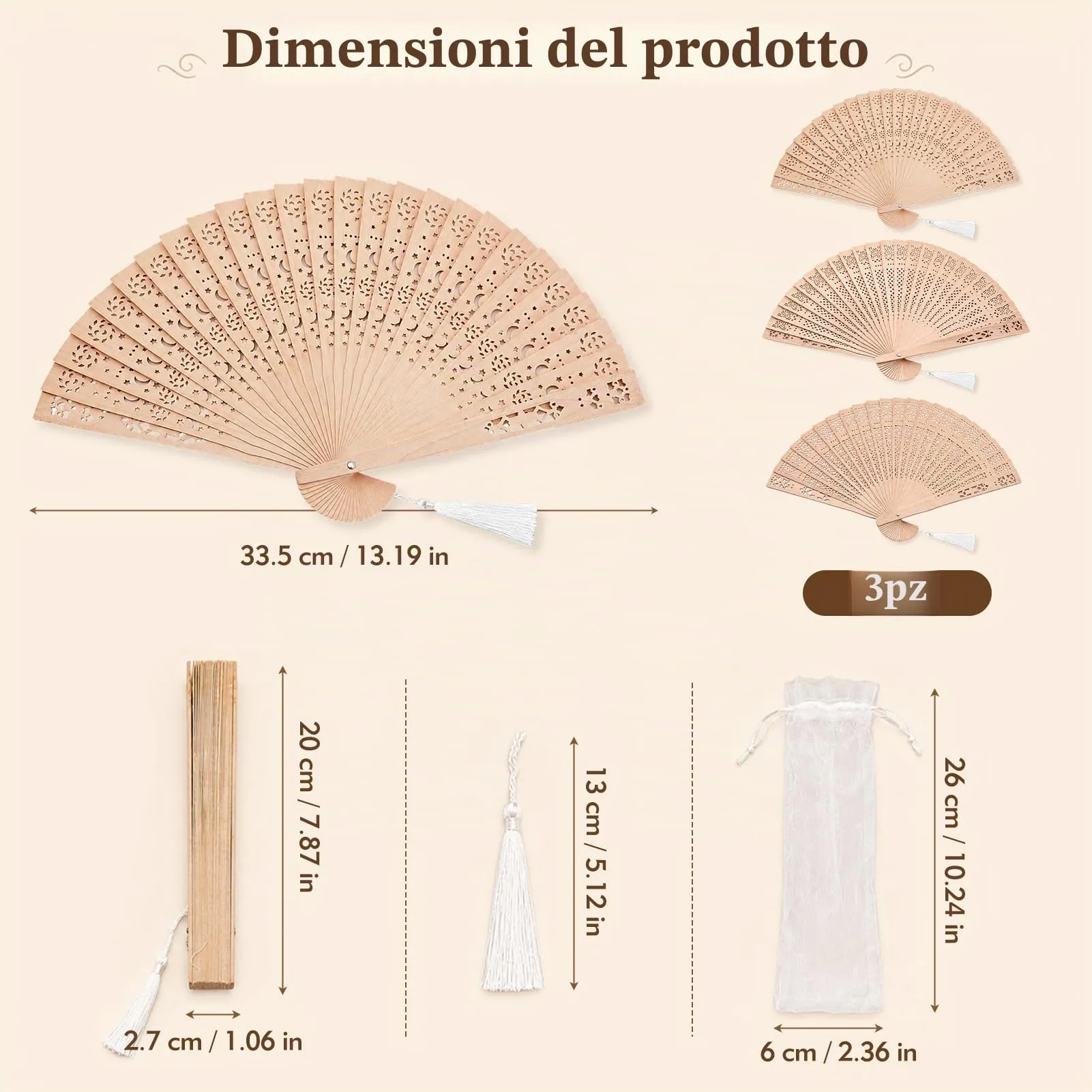 Ourdort Ventagli in Legno e Bambù Pieghevoli, Set da 3 Pezzi - immagine 2