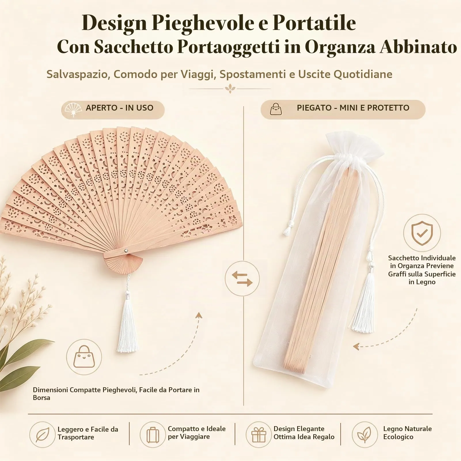 Ourdort Ventagli in Legno e Bambù Pieghevoli, Set da 3 Pezzi - immagine 5