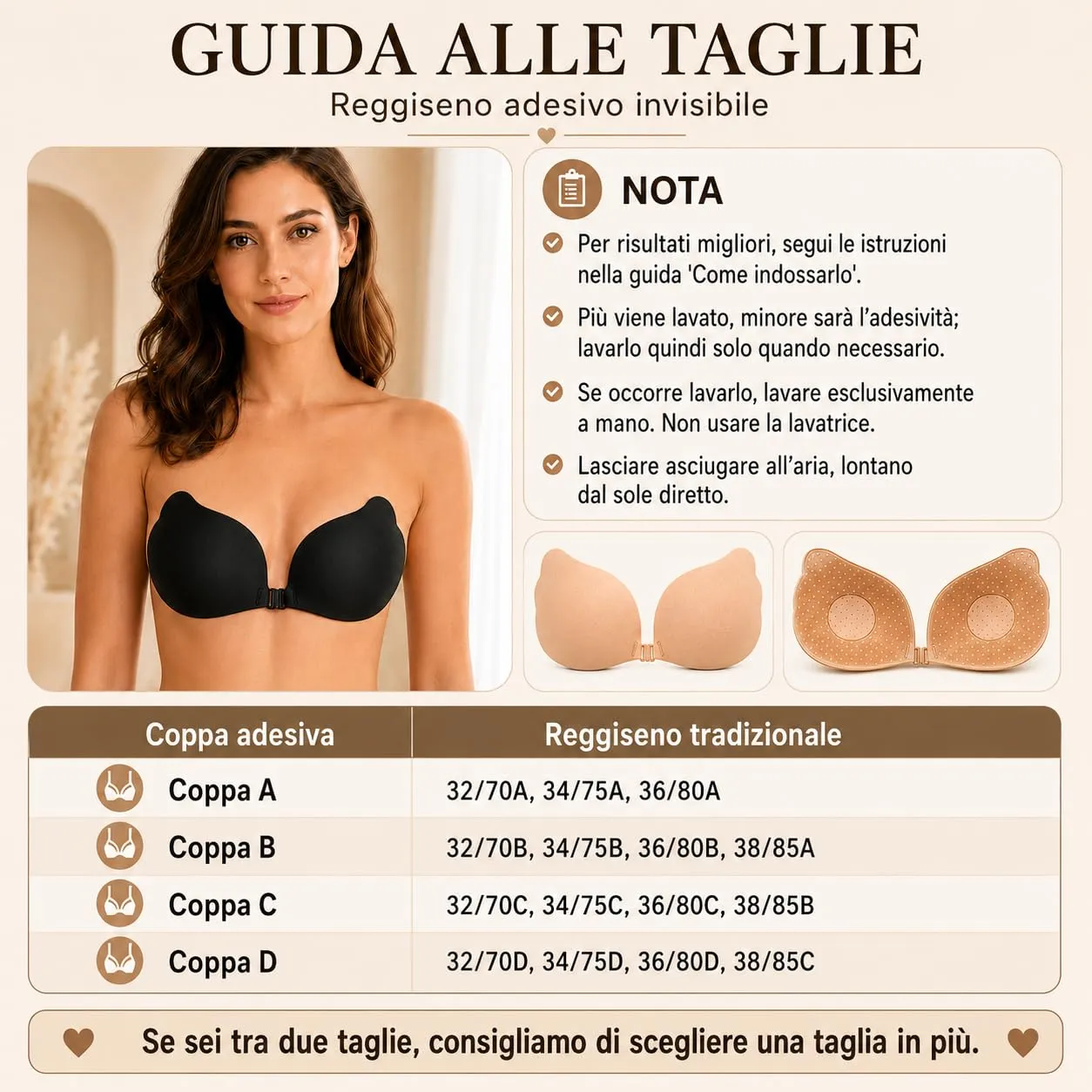 QM Reggiseno Adesivo Push Up Invisibile Senza Spalline con Chiusura Frontale, 2 Paia, Taglia C, Beige - immagine 5
