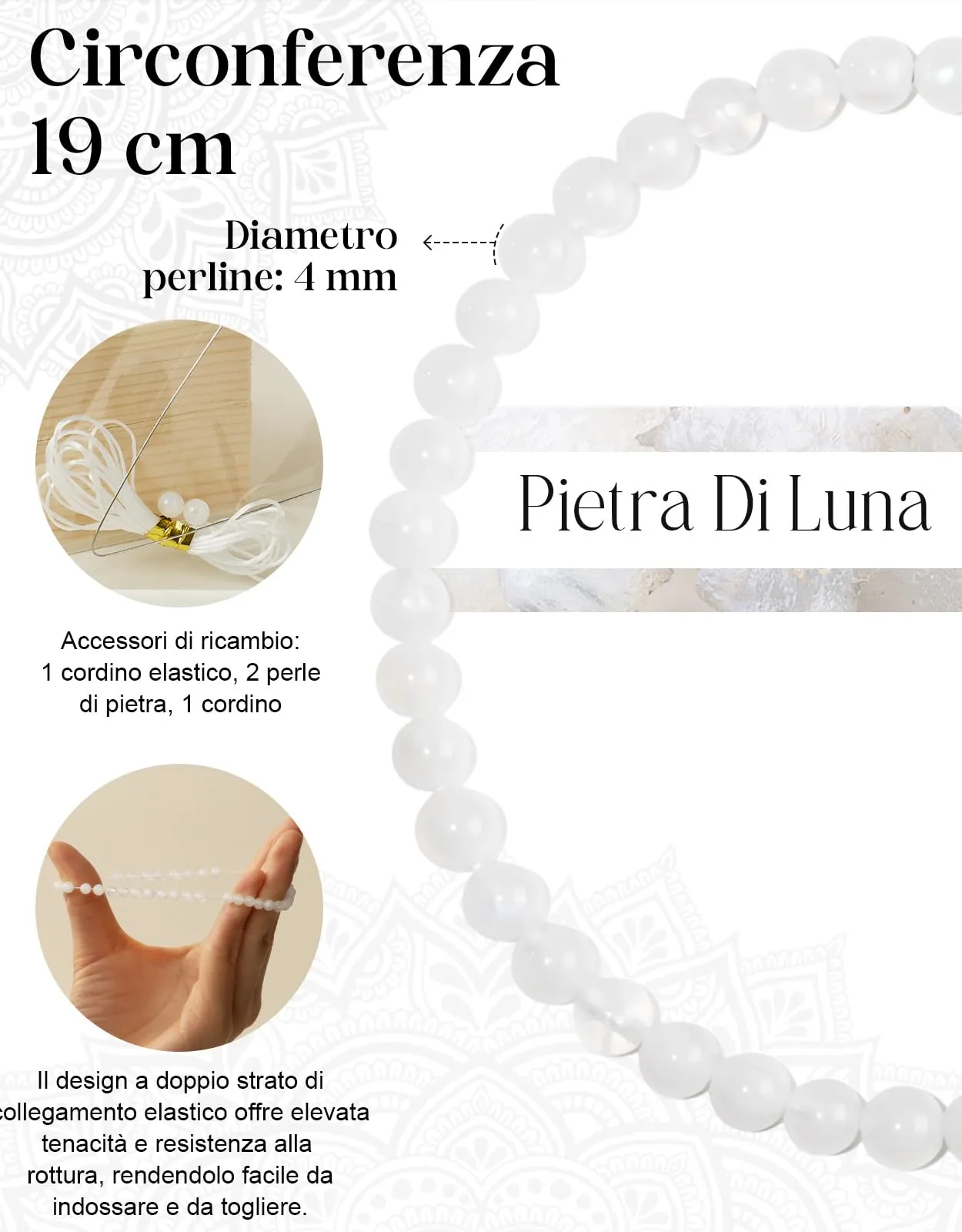 Landorilo Bracciale in Pietra di Luna 4 mm, 18-19 cm - immagine 4