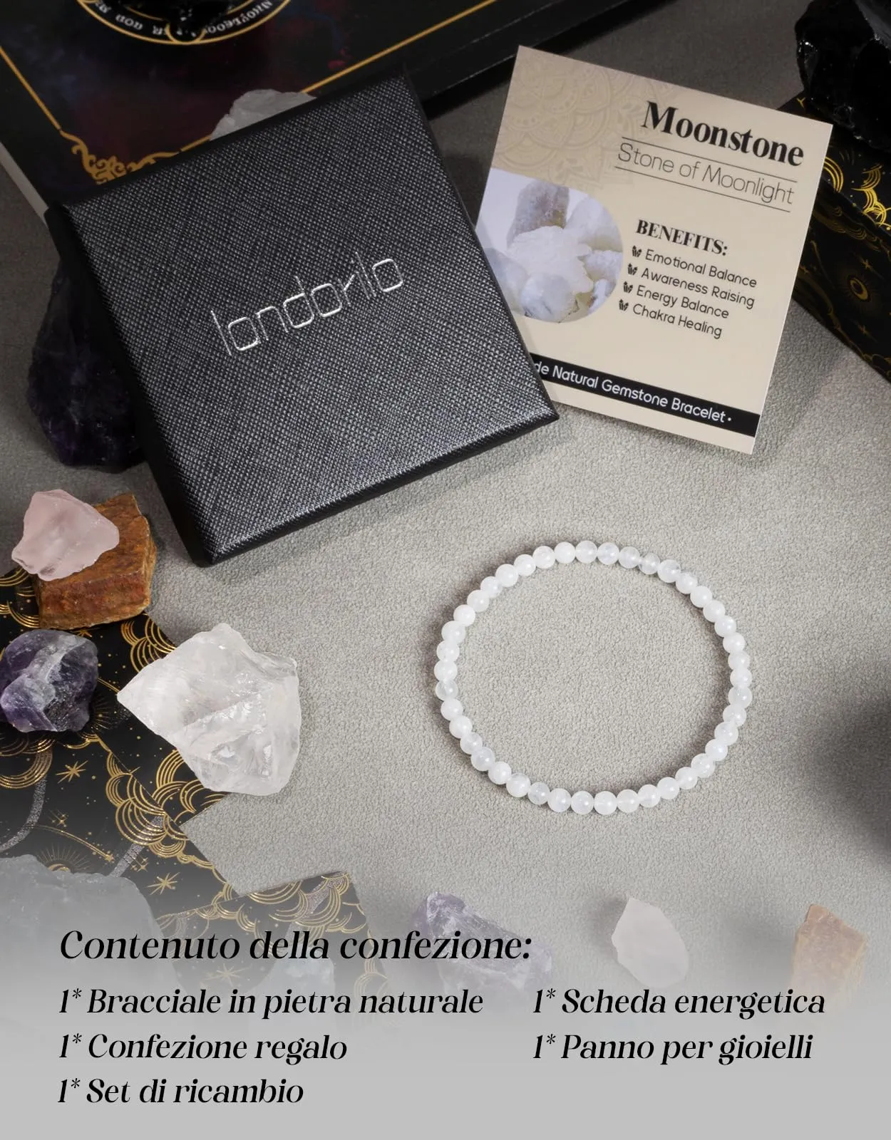Landorilo Bracciale in Pietra di Luna 4 mm, 18-19 cm - immagine 5