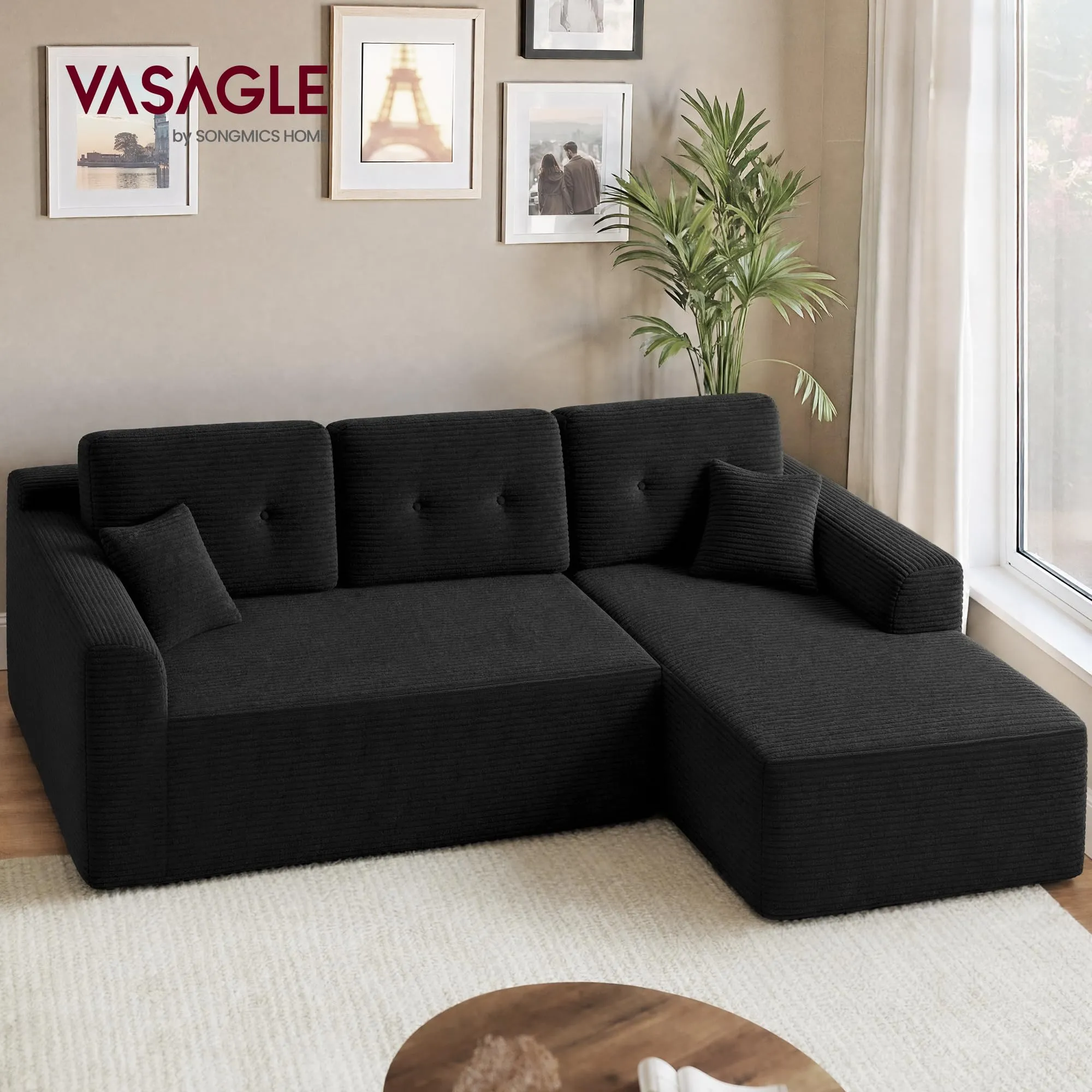 VASAGLE Divano Angolare 3 Posti Camila, Velluto a Coste, Penisola Destra, 242 x 152 x 73 cm, Nero, LCS184B101 - immagine 2