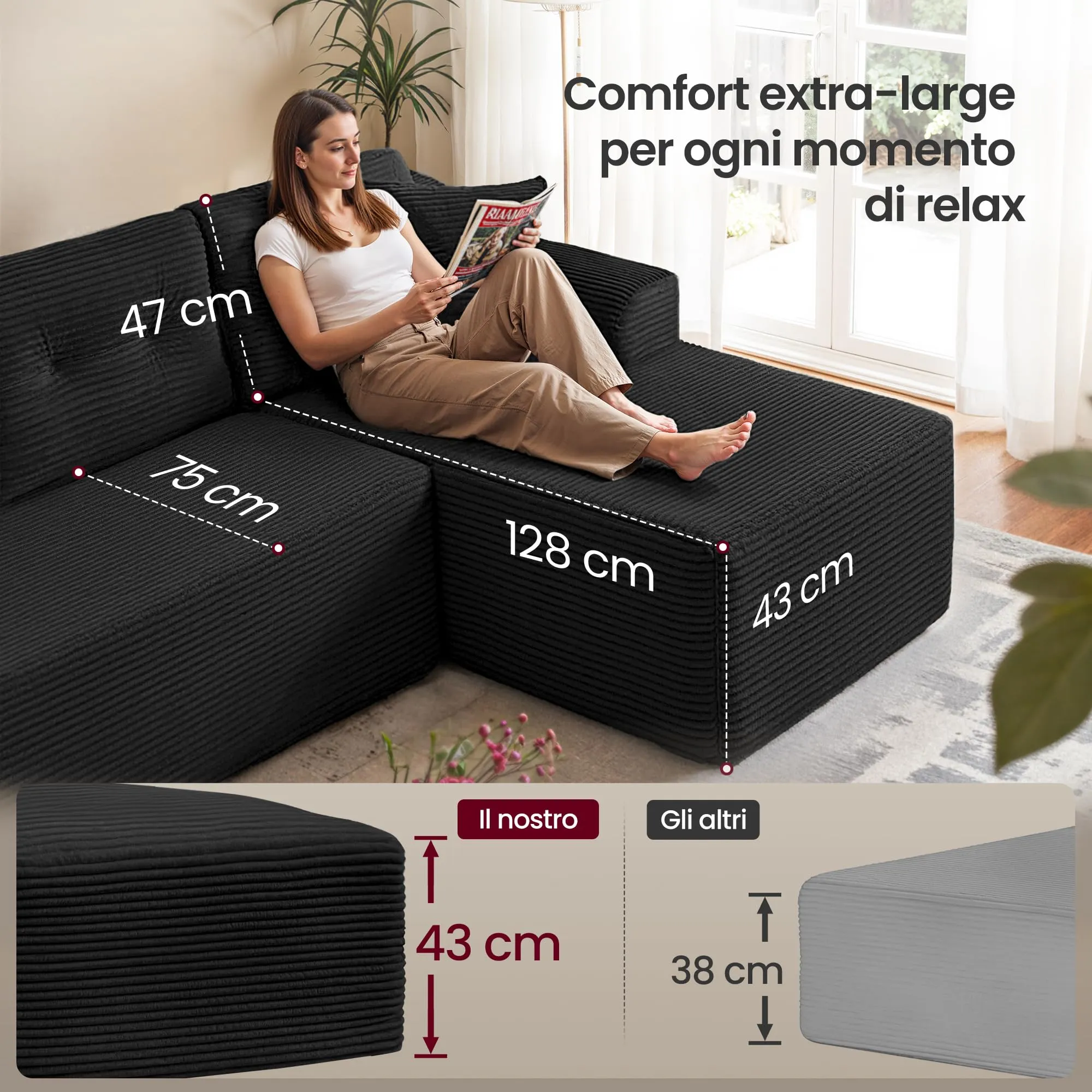 VASAGLE Divano Angolare 3 Posti Camila, Velluto a Coste, Penisola Destra, 242 x 152 x 73 cm, Nero, LCS184B101 - immagine 3