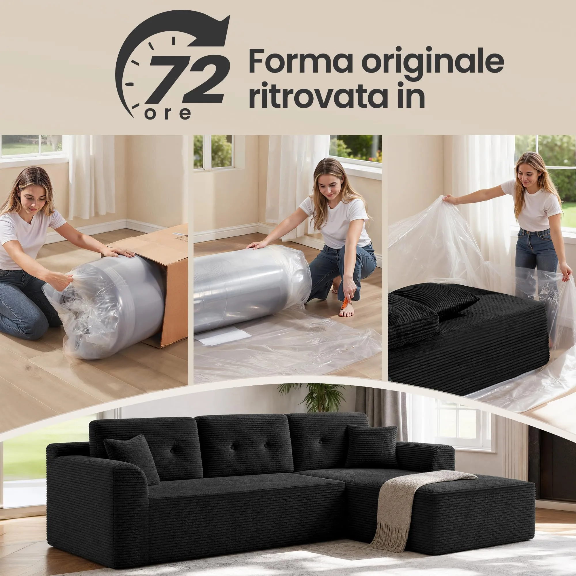 VASAGLE Divano Angolare 3 Posti Camila, Velluto a Coste, Penisola Destra, 242 x 152 x 73 cm, Nero, LCS184B101 - immagine 5