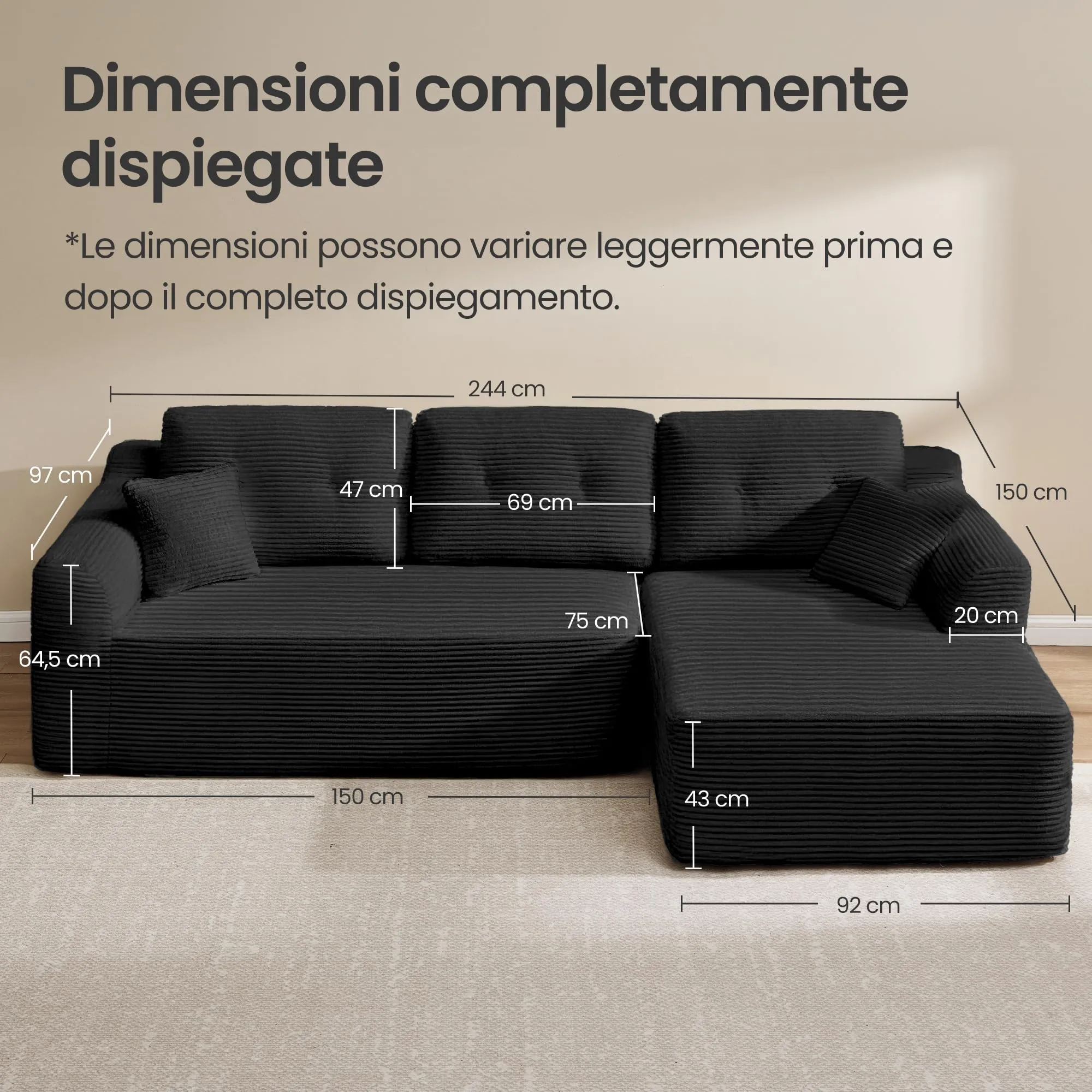 VASAGLE Divano Angolare 3 Posti Camila, Velluto a Coste, Penisola Destra, 242 x 152 x 73 cm, Nero, LCS184B101 - immagine 7
