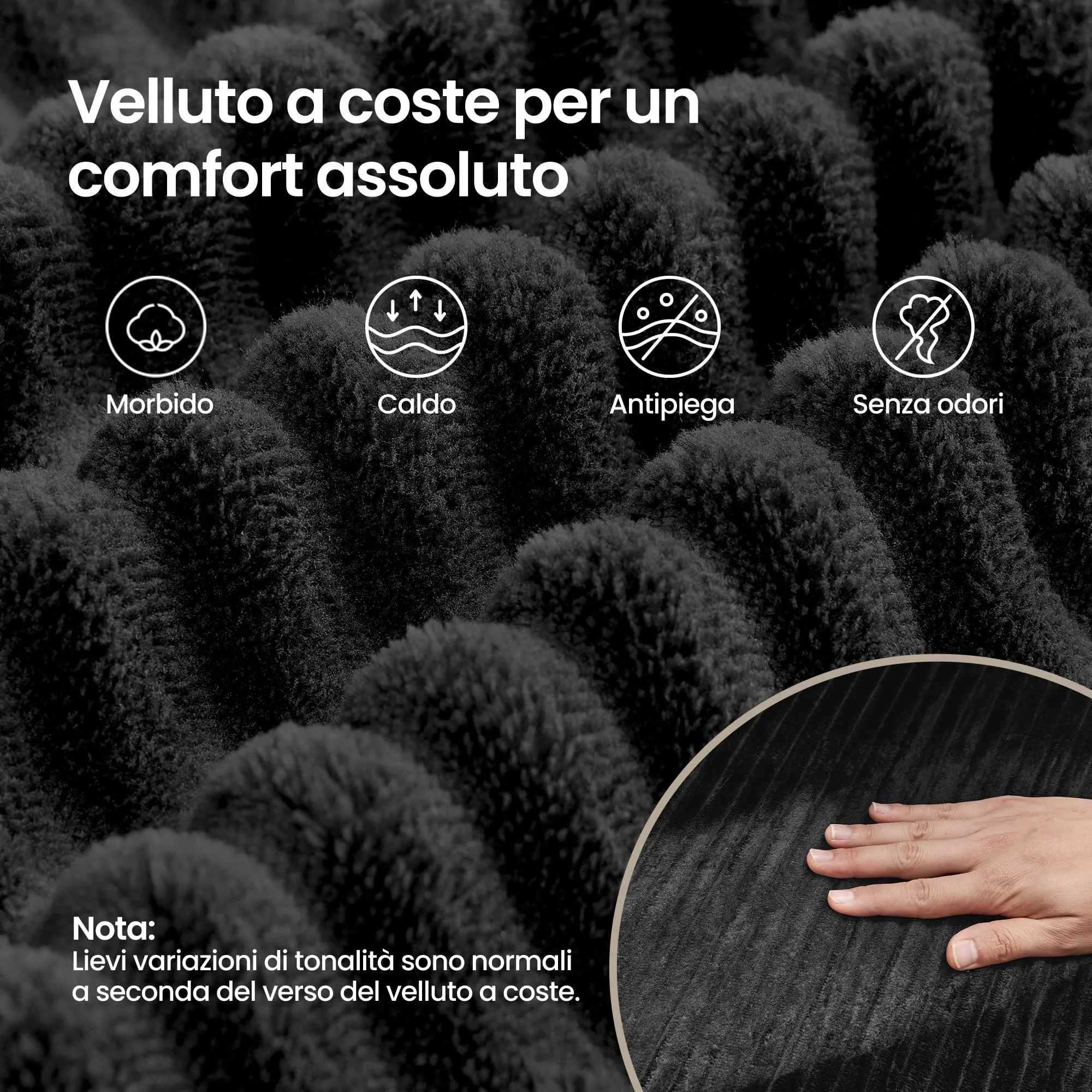 VASAGLE Divano Angolare 3 Posti Camila, Velluto a Coste, Penisola Destra, 242 x 152 x 73 cm, Nero, LCS184B101 - immagine 8