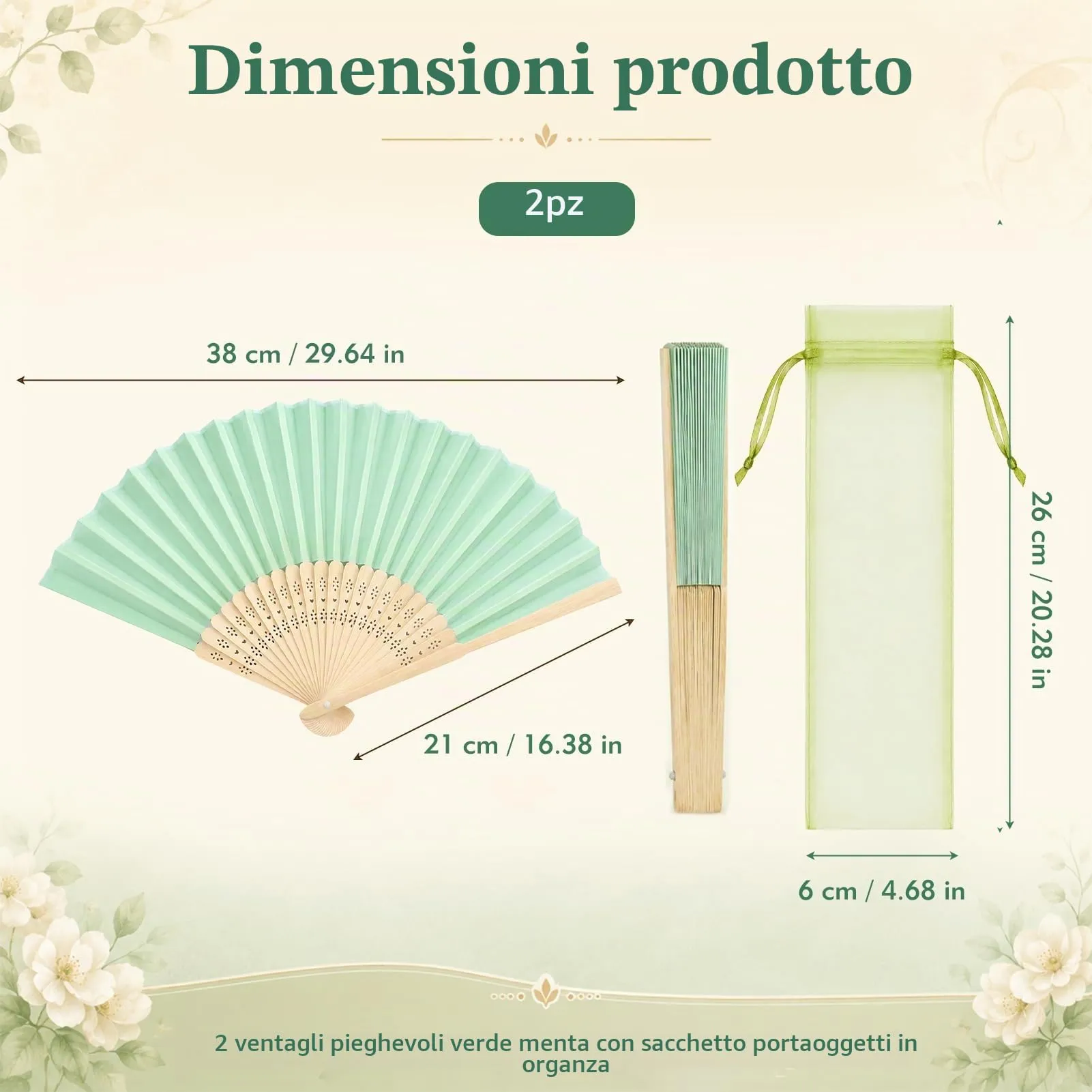 Ourdort Ventaglio Verde, Ventagli a Mano Pieghevole in Seta e Bambù, 2 Pezzi - immagine 2