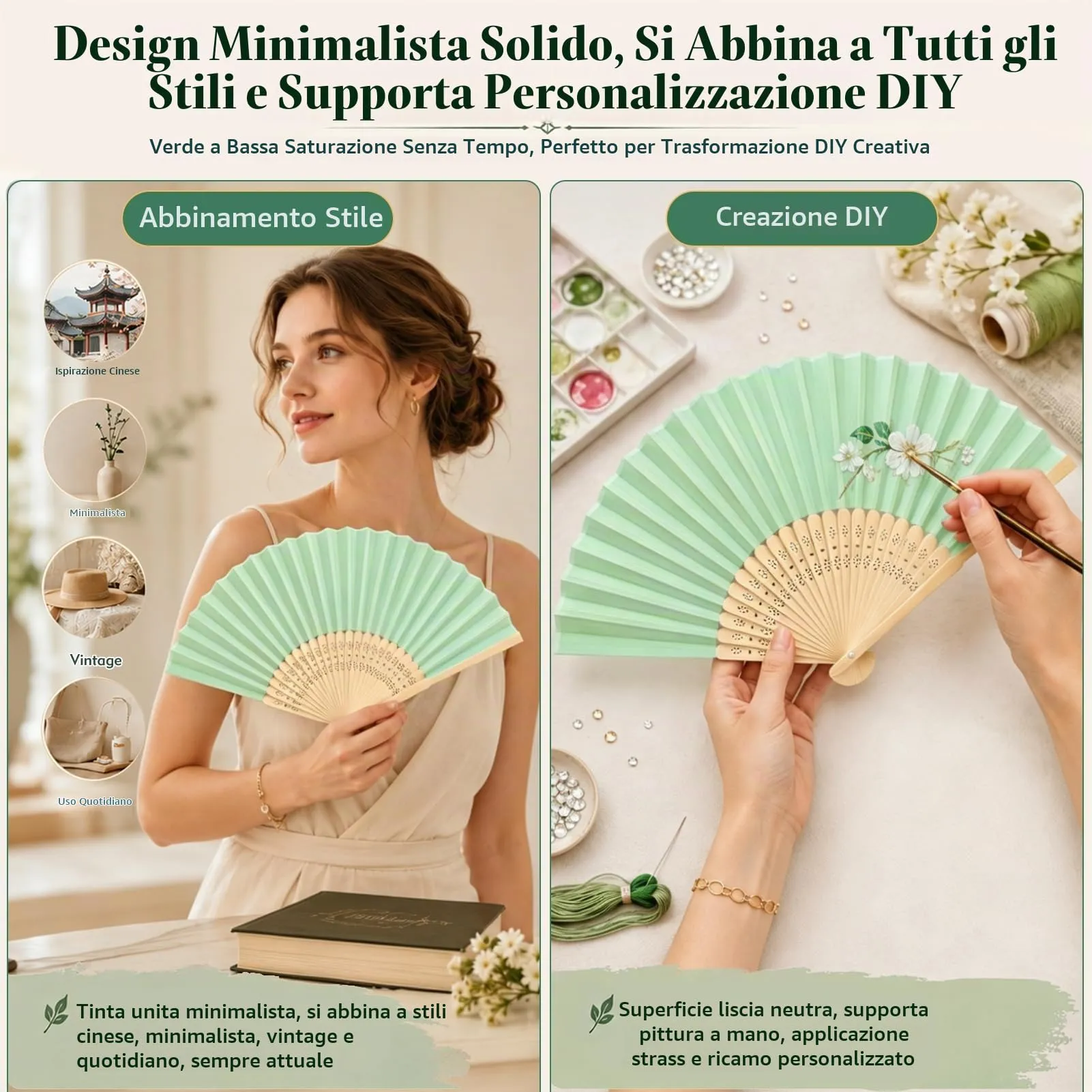 Ourdort Ventaglio Verde, Ventagli a Mano Pieghevole in Seta e Bambù, 2 Pezzi - immagine 3