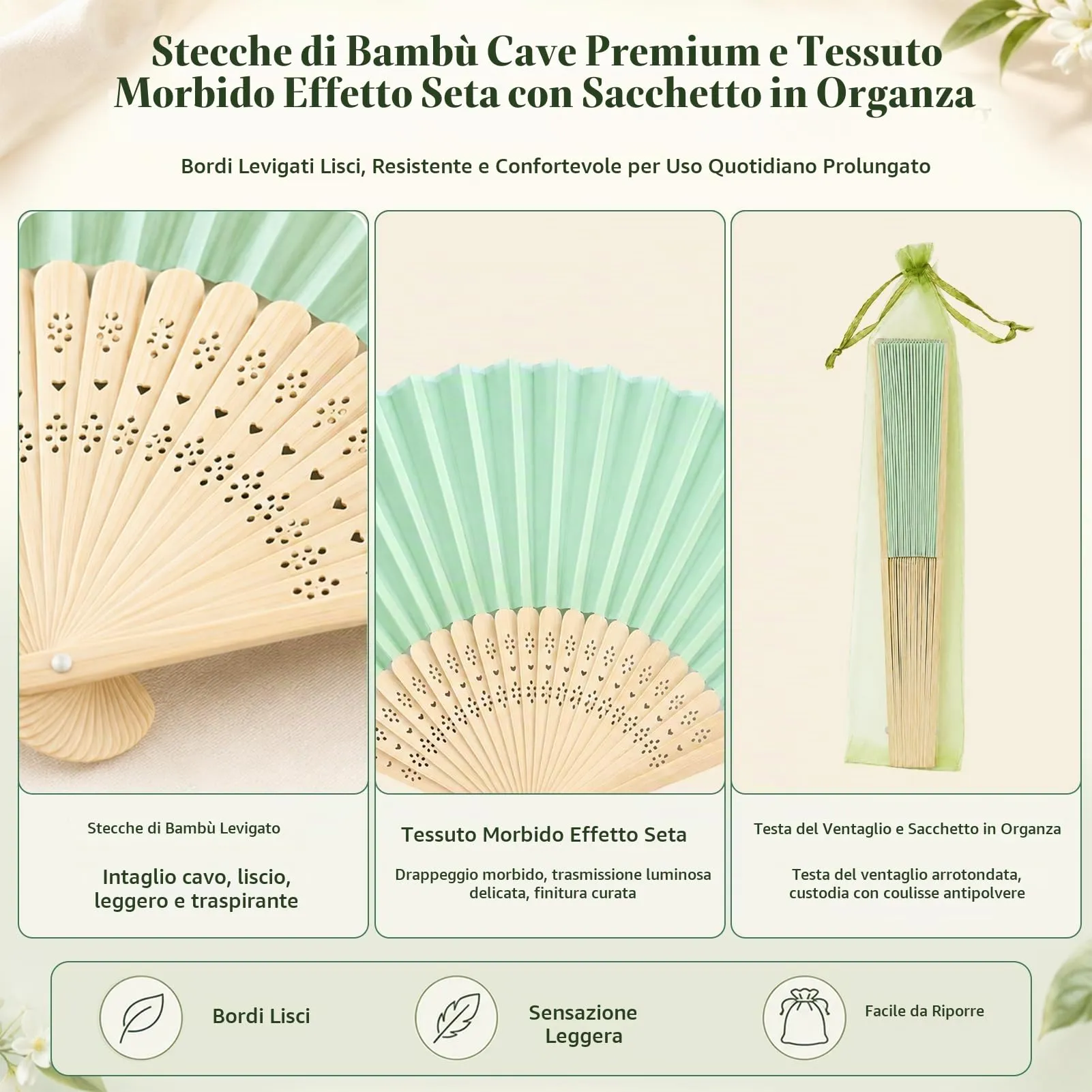 Ourdort Ventaglio Verde, Ventagli a Mano Pieghevole in Seta e Bambù, 2 Pezzi - immagine 4
