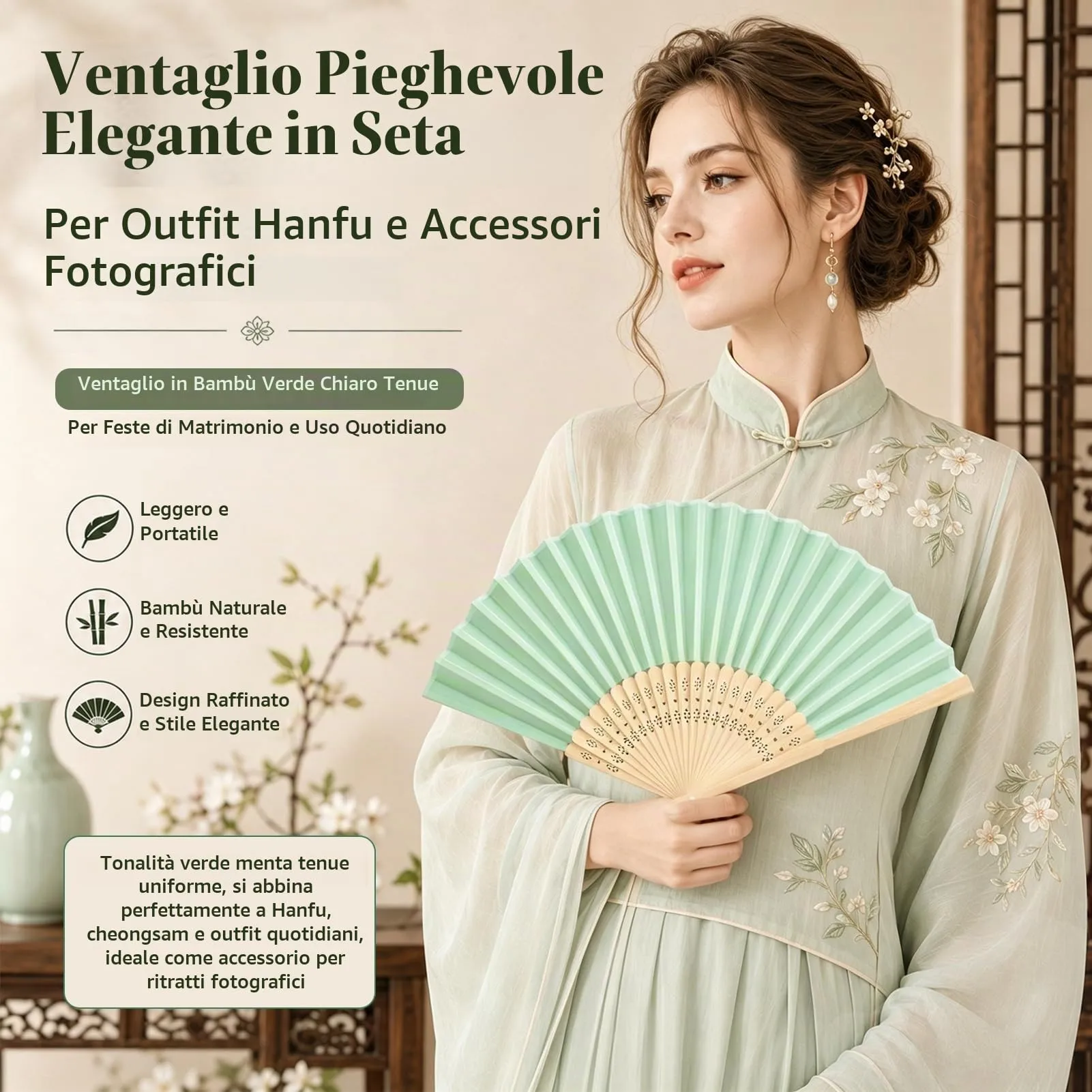 Ourdort Ventaglio Verde, Ventagli a Mano Pieghevole in Seta e Bambù, 2 Pezzi - immagine 6