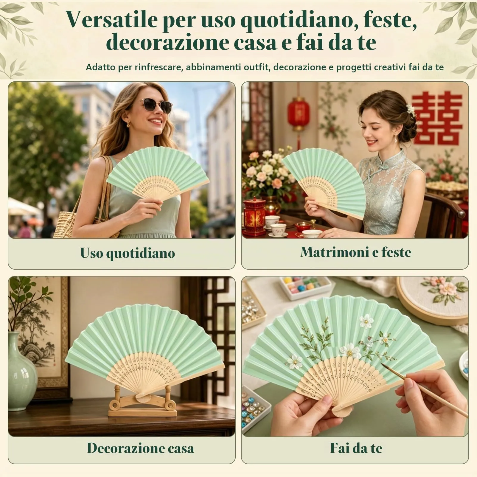Ourdort Ventaglio Verde, Ventagli a Mano Pieghevole in Seta e Bambù, 2 Pezzi - immagine 7