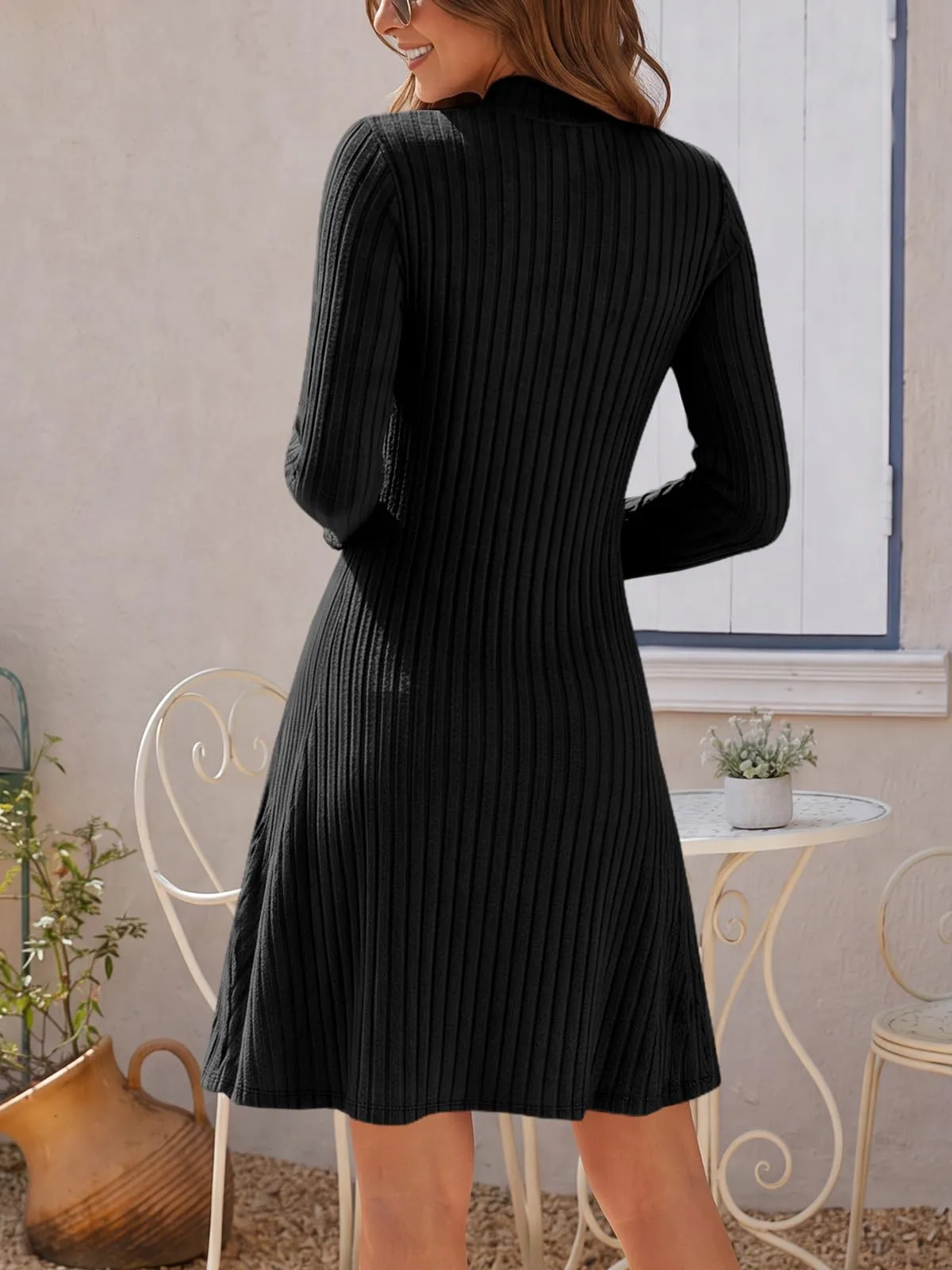 Saodimallsu Vestito in maglia da donna a costine con mezza scollatura, Nero - immagine 4