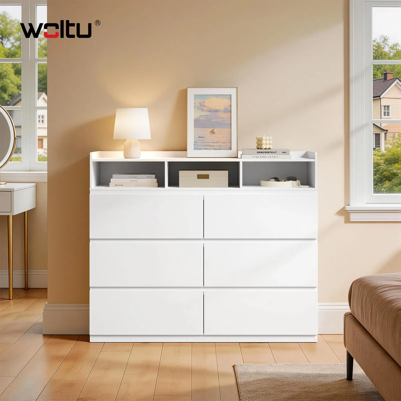 WOLTU Cassettiera con 6 Cassetti e 3 Scomparti Aperti, 120x40x100 cm, Bianco - immagine 2
