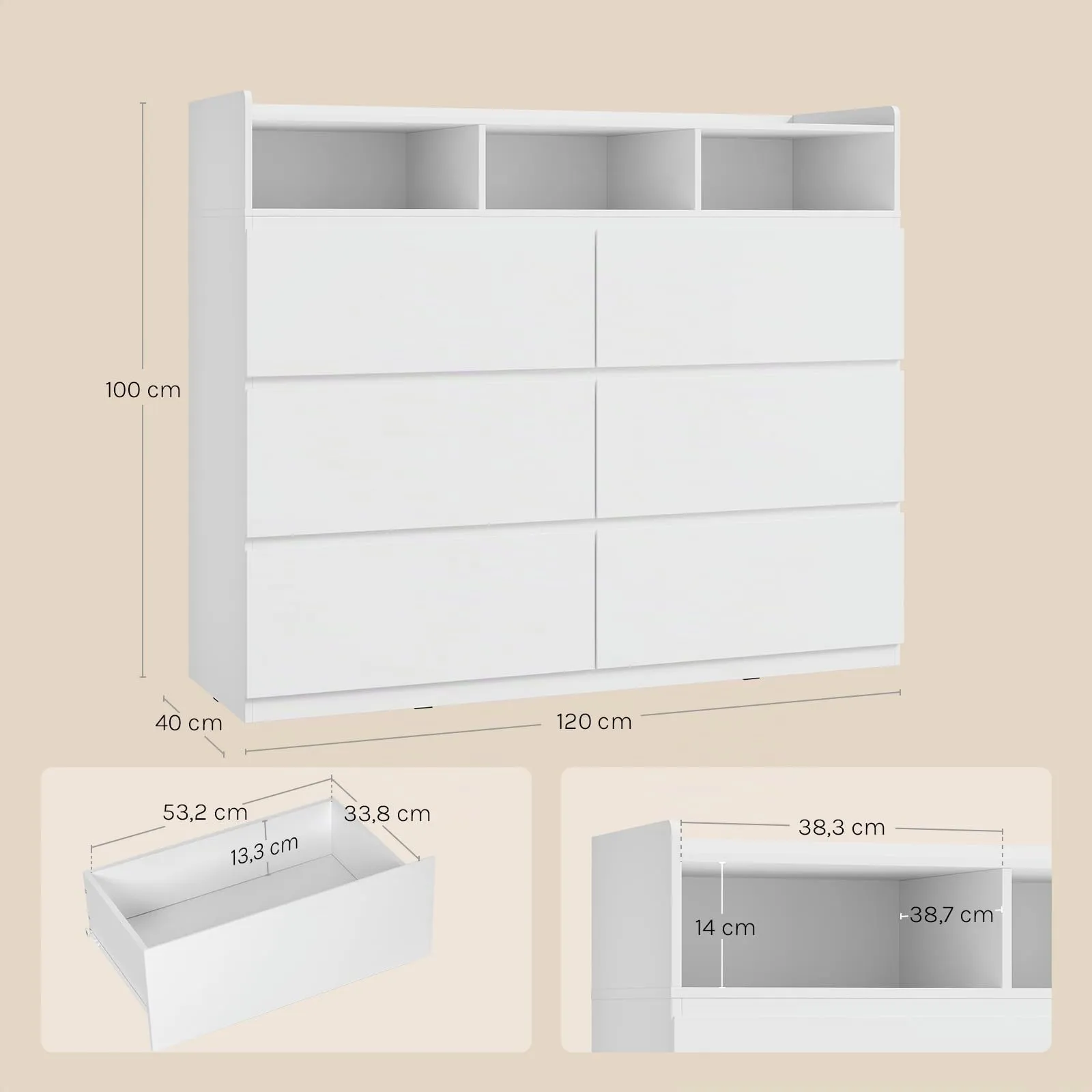 WOLTU Cassettiera con 6 Cassetti e 3 Scomparti Aperti, 120x40x100 cm, Bianco - immagine 3
