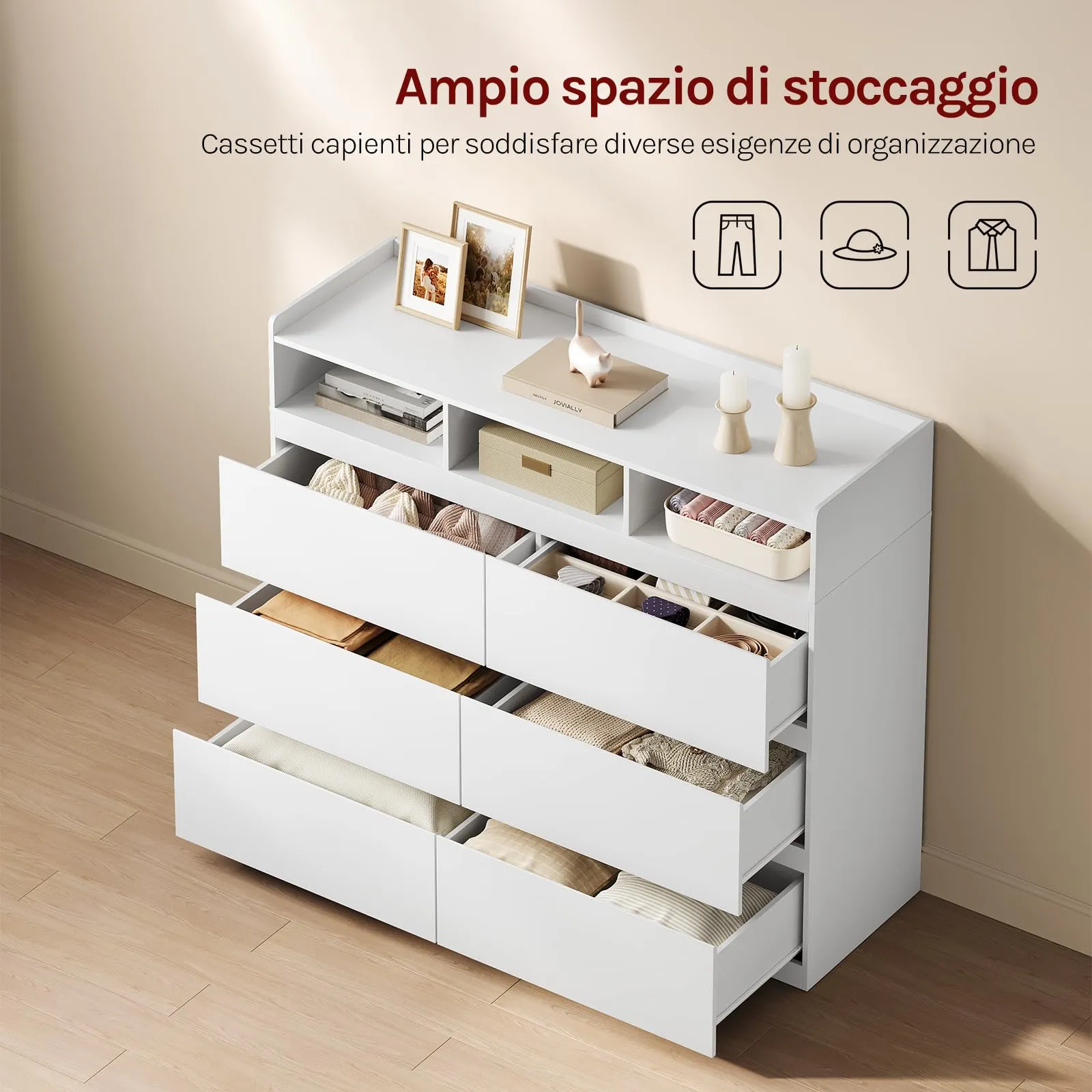 WOLTU Cassettiera con 6 Cassetti e 3 Scomparti Aperti, 120x40x100 cm, Bianco - immagine 4
