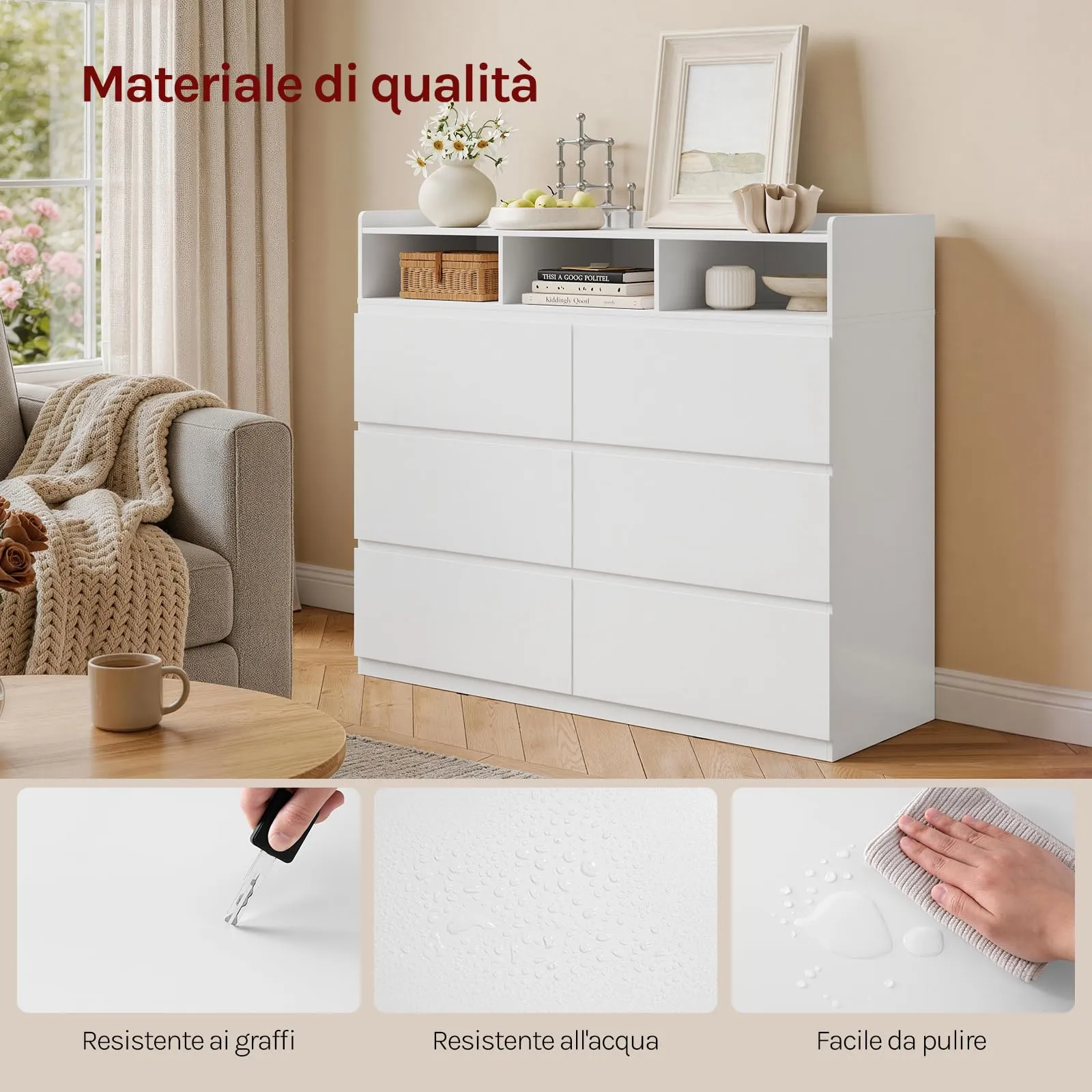 WOLTU Cassettiera con 6 Cassetti e 3 Scomparti Aperti, 120x40x100 cm, Bianco - immagine 5