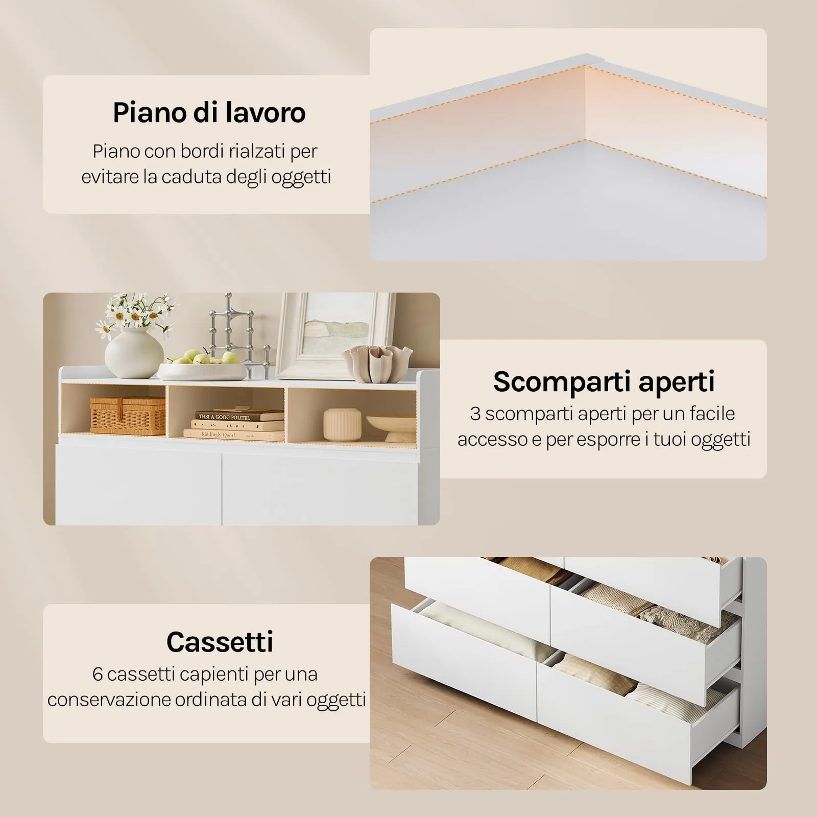WOLTU Cassettiera con 6 Cassetti e 3 Scomparti Aperti, 120x40x100 cm, Bianco - immagine 6