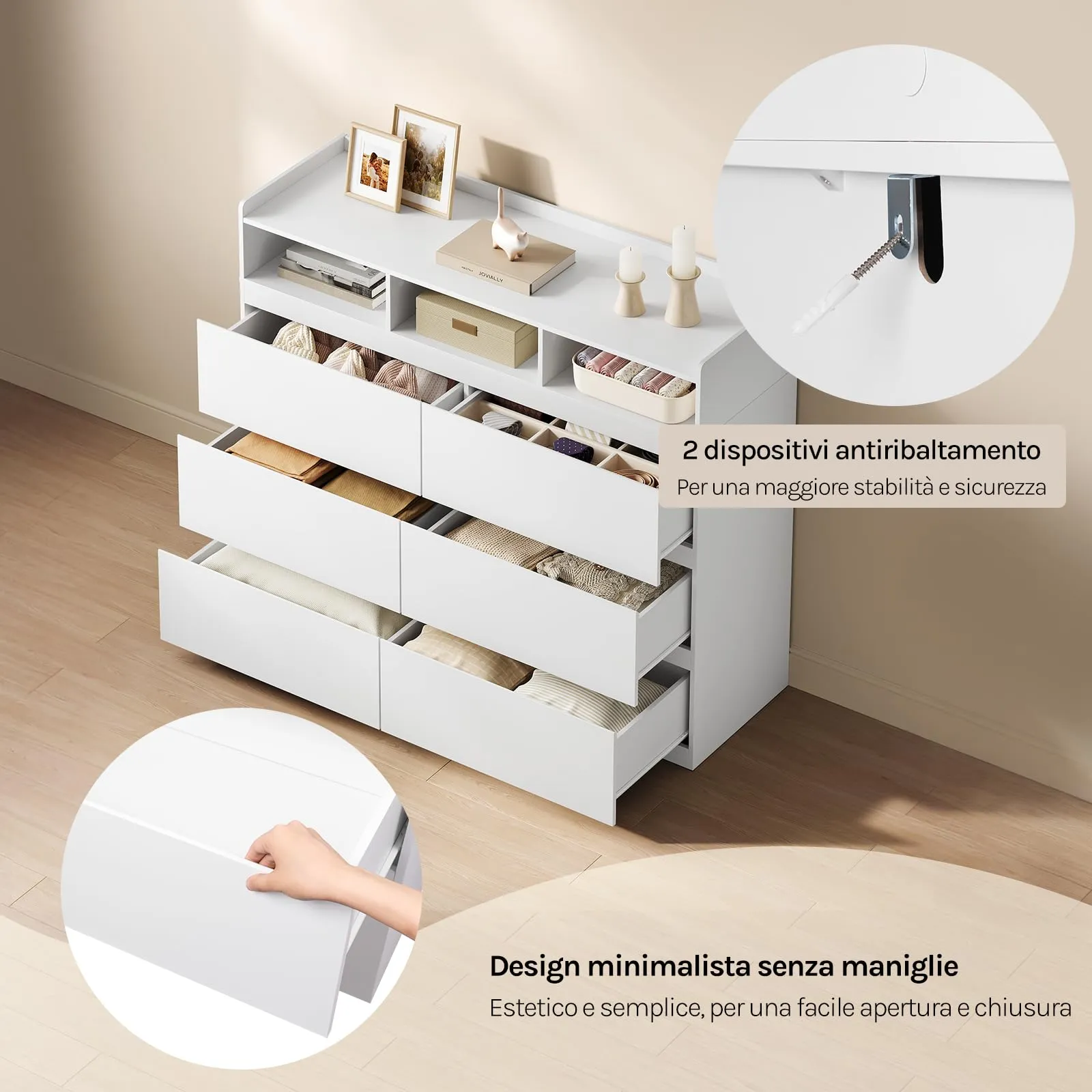 WOLTU Cassettiera con 6 Cassetti e 3 Scomparti Aperti, 120x40x100 cm, Bianco - immagine 7