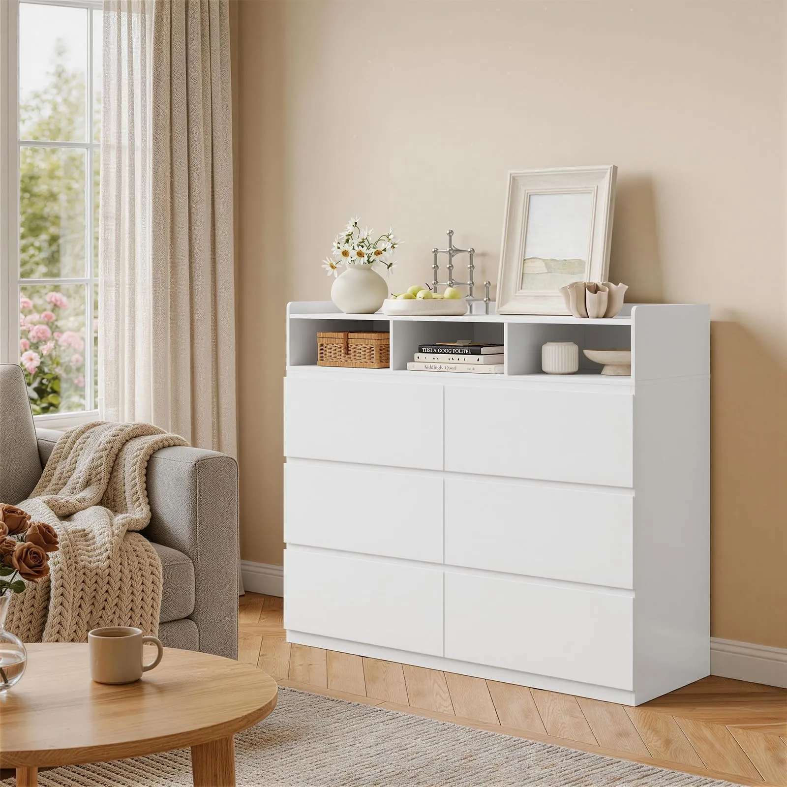 WOLTU Cassettiera con 6 Cassetti e 3 Scomparti Aperti, 120x40x100 cm, Bianco - immagine 9