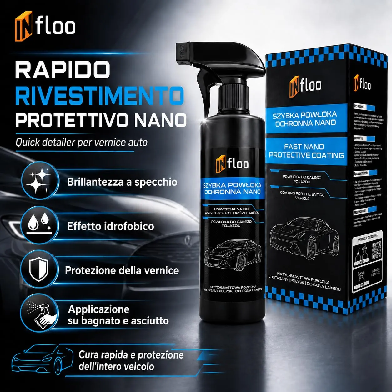 INfloo Set Detailing Auto, Asciugamano Microfibra 60×90 cm 1200 GSM e Nano Protezione Vernice 500 ml Quick Detailer Spray - immagine 2