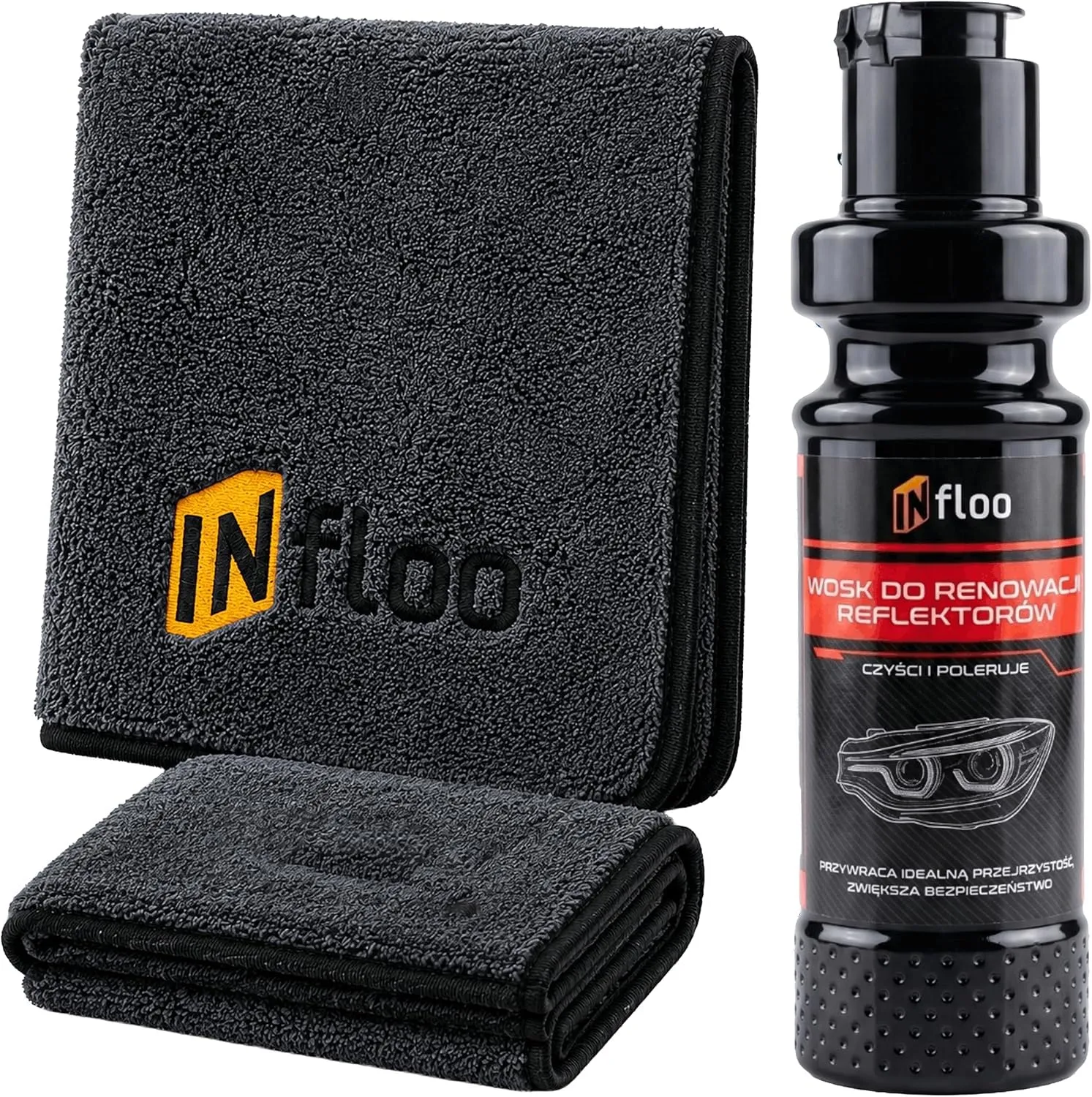 INfloo Set Rinnovo Fari Auto, Cera per Fari 100 g e Panno Microfibra 40×40 cm 500 GSM, Kit Lucidatura con Protezione UV ed Effetto Idrofobico - immagine 1