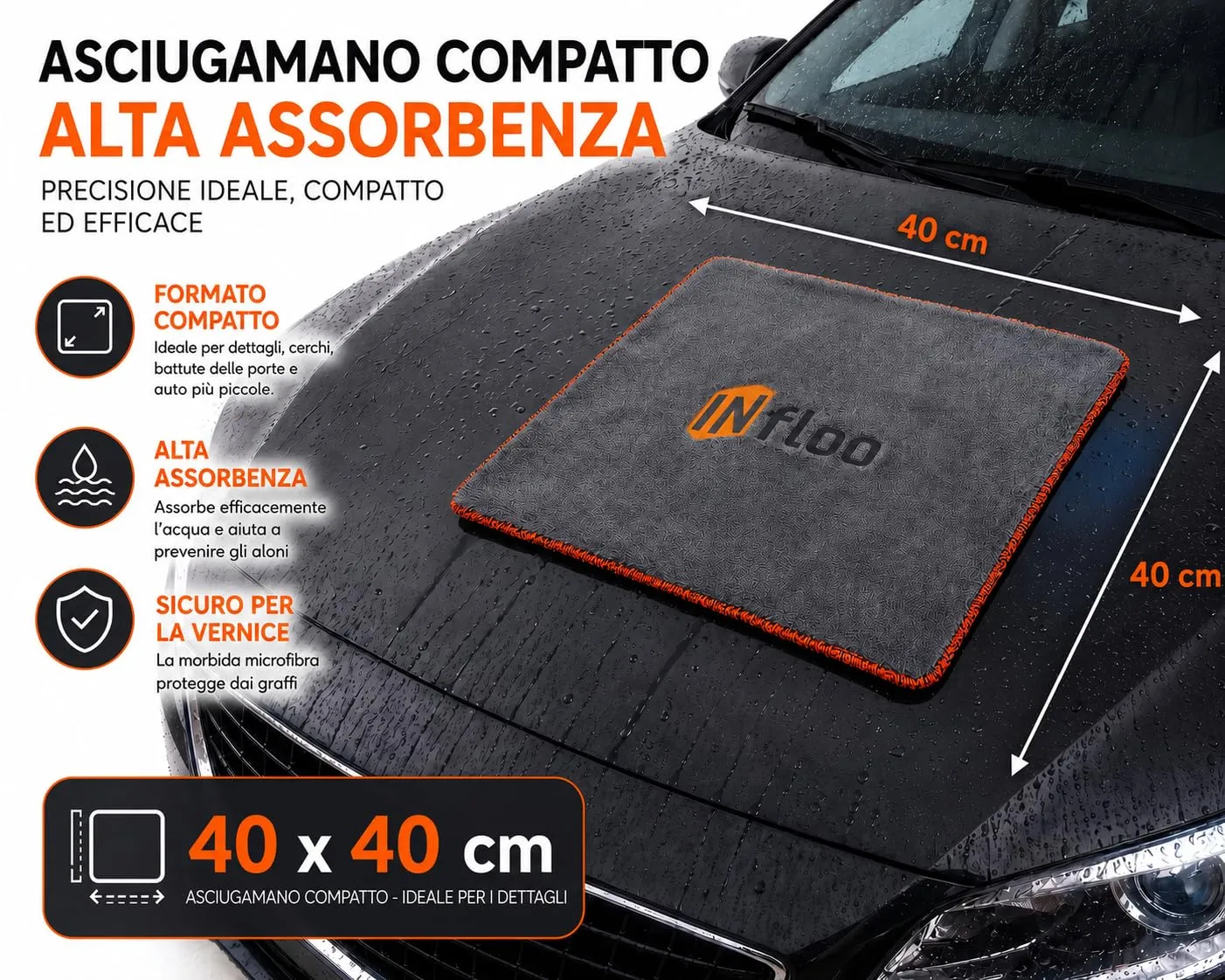 INfloo Set Rinnovo Fari Auto, Cera per Fari 100 g e Panno Microfibra 40×40 cm 500 GSM, Kit Lucidatura con Protezione UV ed Effetto Idrofobico - immagine 7