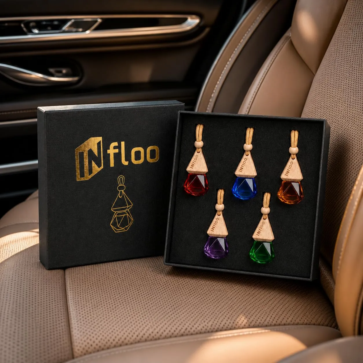 INfloo Set Profumatori Auto 5 Pezzi, Deodorante a Ciondolo in Vetro e Legno per Auto, Casa e Ufficio - immagine 2
