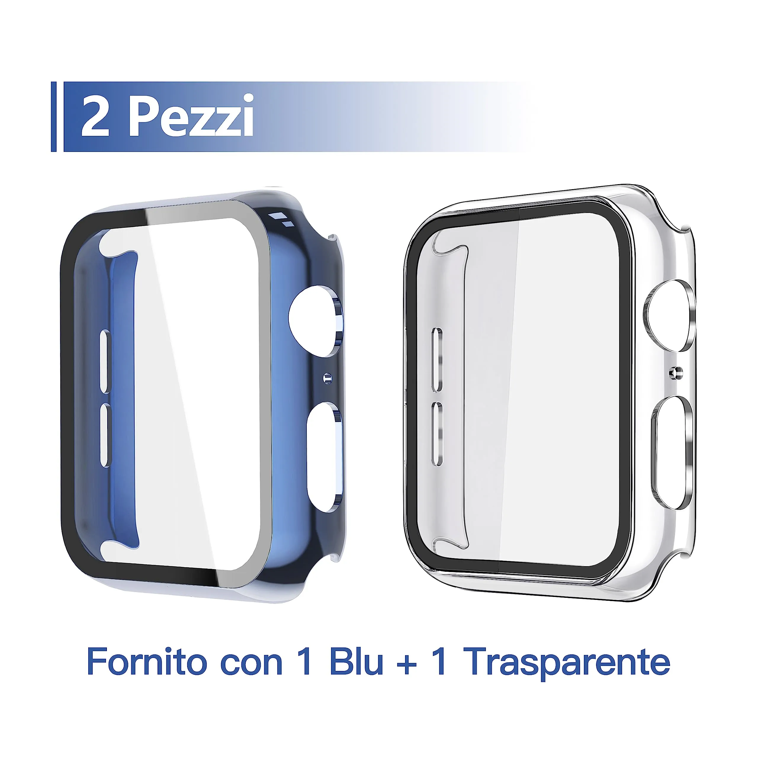 Misxi Cover con Vetro Temperato per Apple Watch Serie 9 8 7 45mm, Custodia Rigida Protettiva, 1 Blu + 1 Trasparente - immagine 2