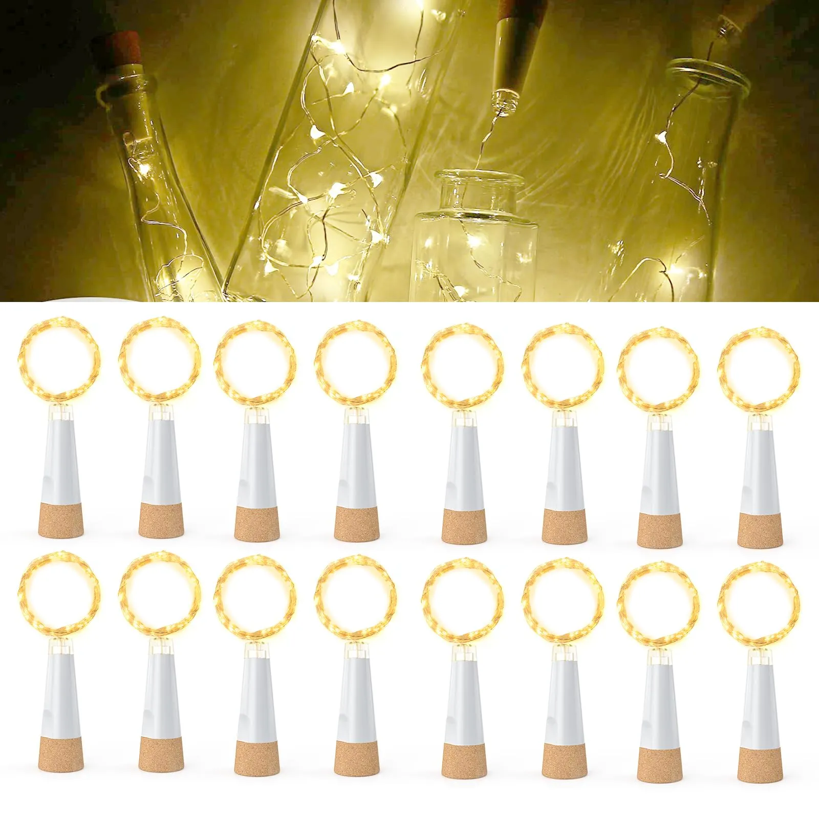 KOBWA Luci per Bottiglie con Sughero Ricaricabili USB, Bianco Caldo, 16 Pezzi - immagine 1