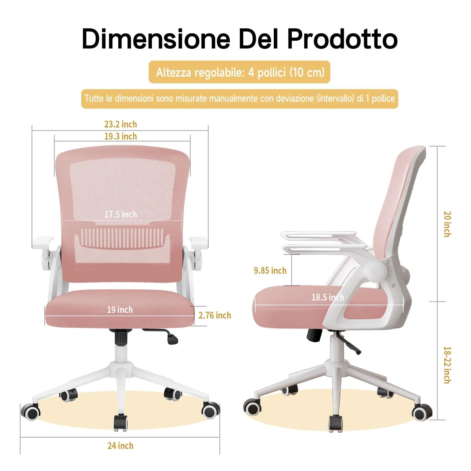 naspaluro Sedia da Ufficio Ergonomica con Braccioli Pieghevoli, Rete Respirante, Rosa - immagine 2