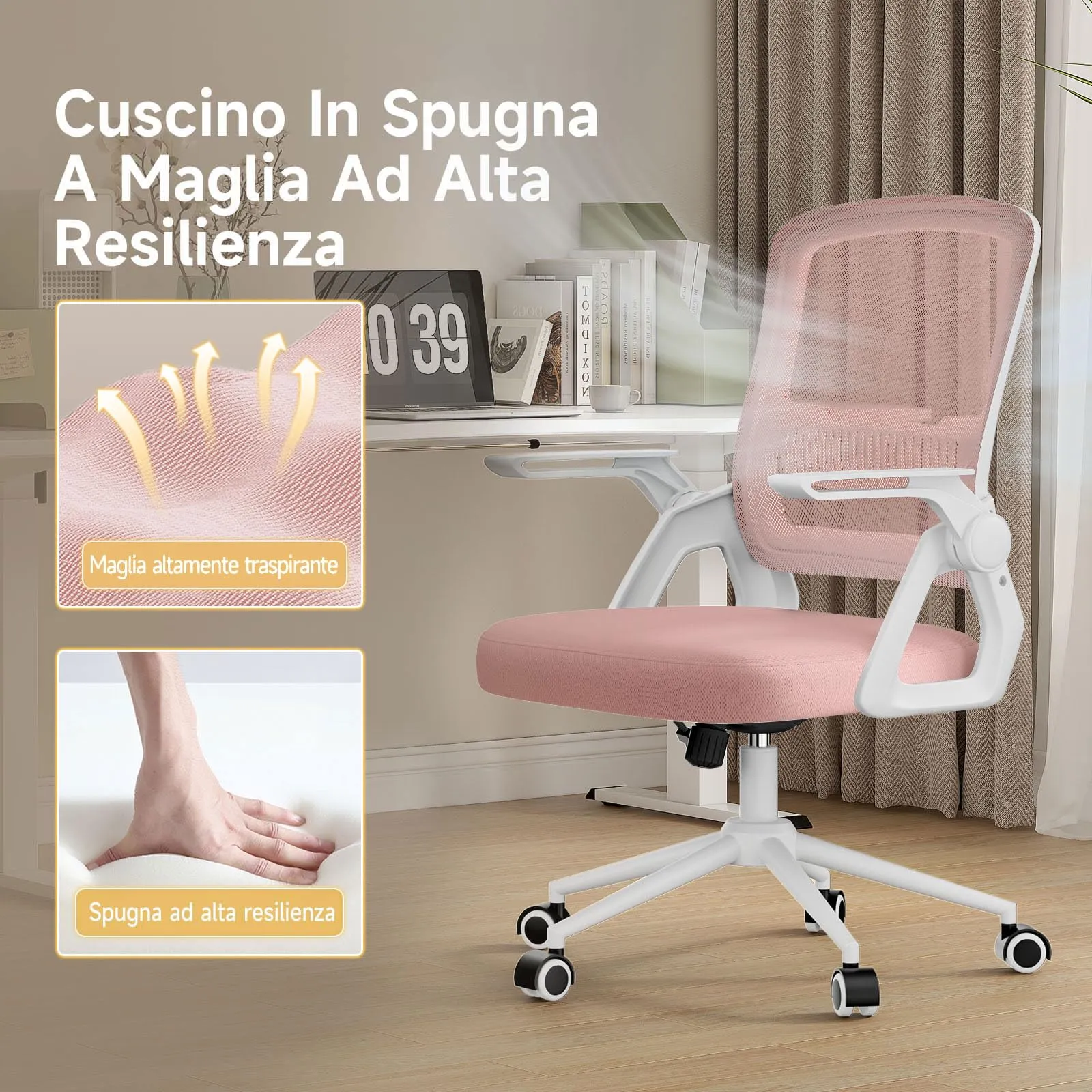 naspaluro Sedia da Ufficio Ergonomica con Braccioli Pieghevoli, Rete Respirante, Rosa - immagine 3